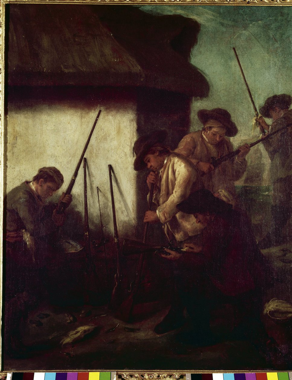Jakt i dalen: forberedelse av våpen - Maleri av Pietro Longhi (1702-1785), olje på lerret, 61x50 cm av Pietro Longhi