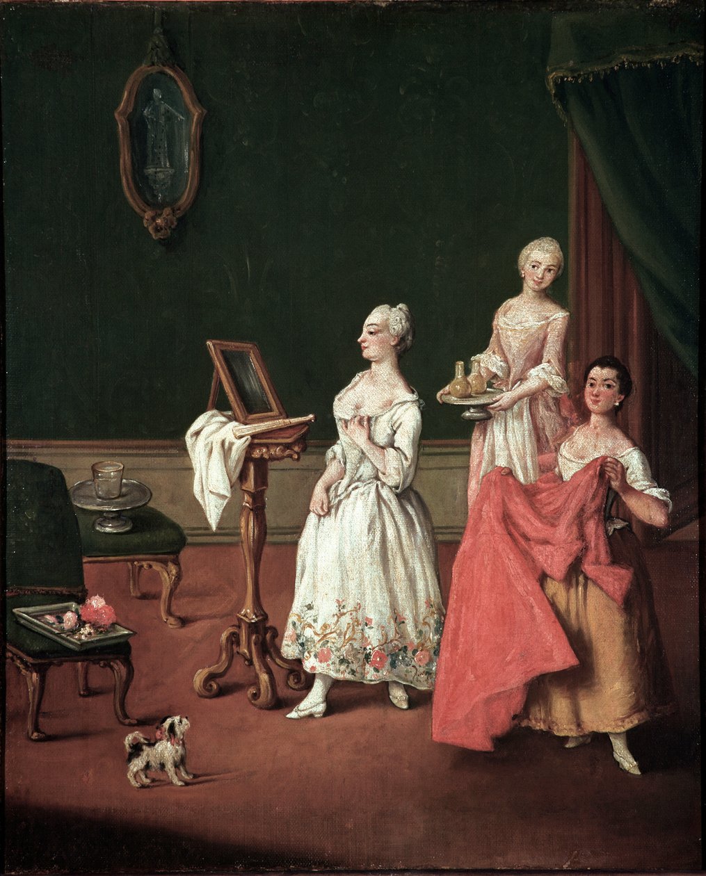 La toilette (omkledningssesjonen) Venetiansk aristokrat pågriper foran speilet medhjelper av to tjenere - Maleri av Pietro Longhi (1701-1785) 1760 Dim 61x50 cm Venezia, Ca 