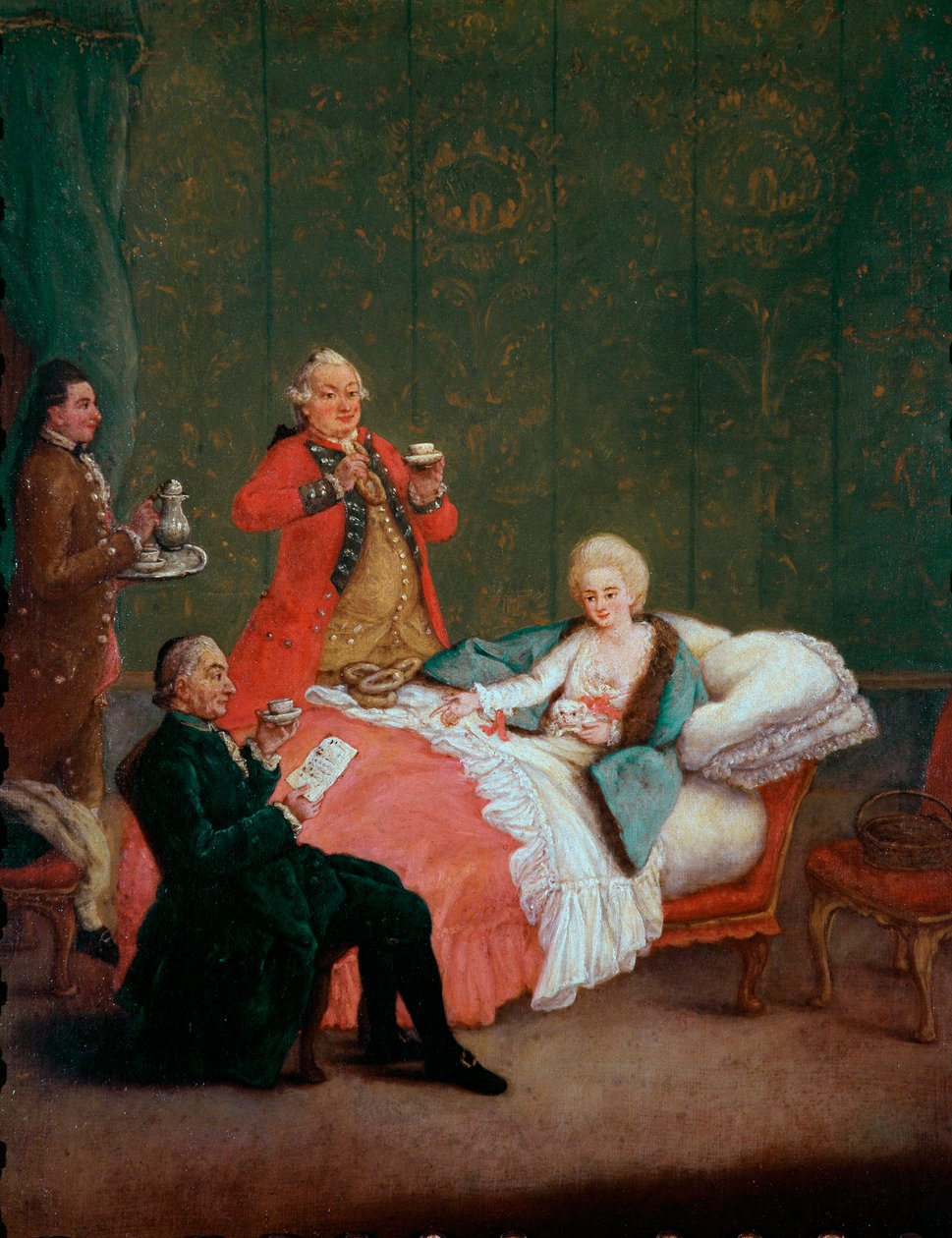 Morgensjokolade ung kvinne av adelen ligger i sengen hennes servert av tre menn. Maleri av Pietro Longhi (1702-1785) 1775-1780. Dim. 60x47 cm Ca 