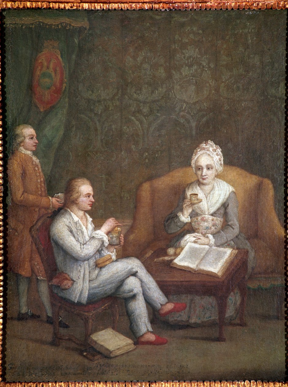 Portrett av Adriana Giustinian med sønnen Gerolamo Ascanio som tar varm sjokolade (Adriana Giustinian Barbarigo og sønnen Gerolamo Ascanio tar en kopp sjokolade) Maleri av Pietro Longhi (1702-1785) 1779 ca. Dim 58x45 cm Venezia, Ca 