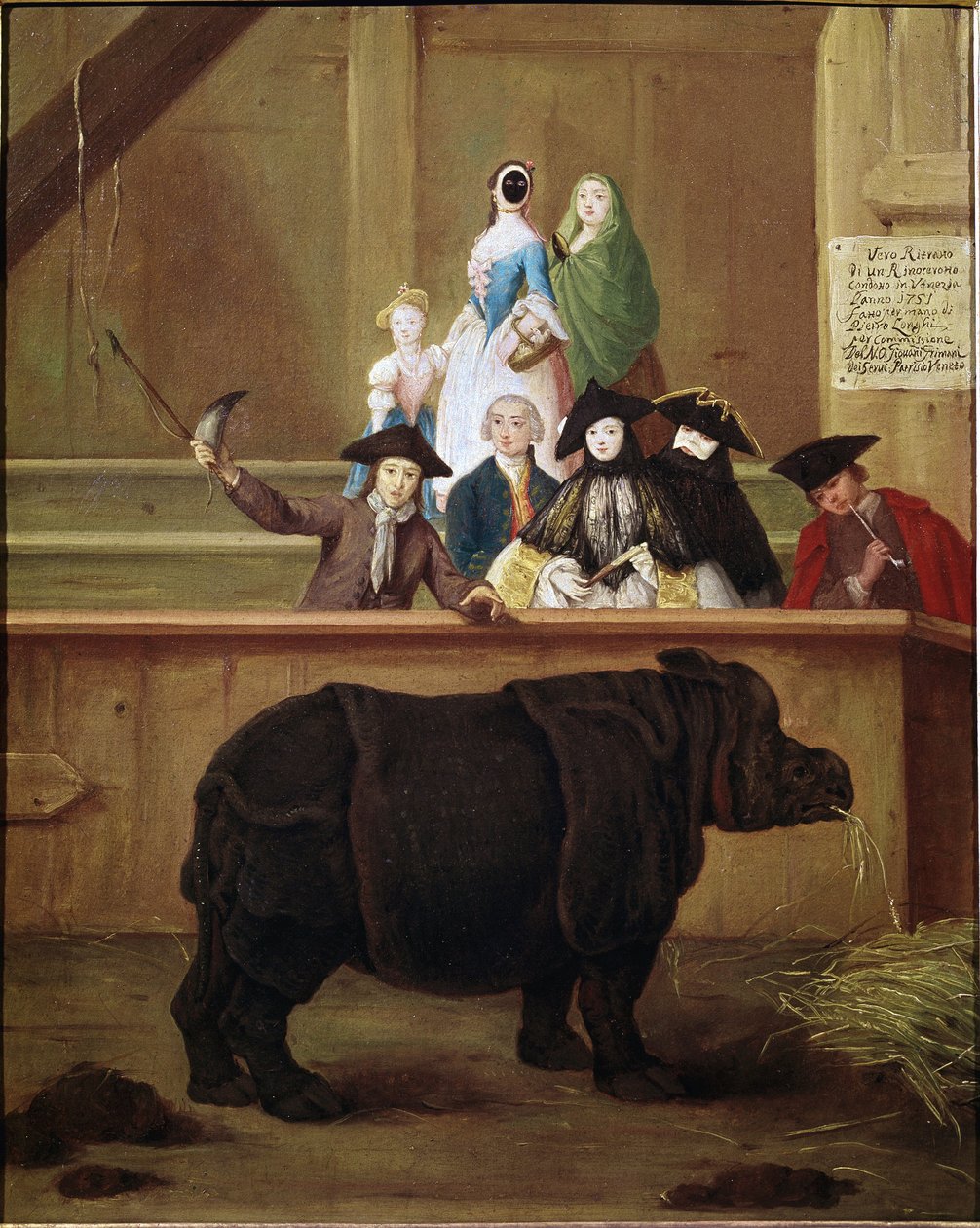 Rhinoceros: utstilling av Clara, indisk neshorn. Maleri av Pietro Longhi (1702-1785). 1751. Venetiansk museum fra 1700-tallet. Ca 