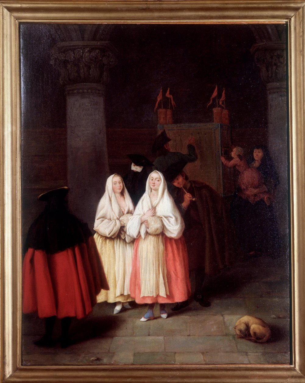 The cosmorama, utstilling av perspektivbilder (Painting av Pietro Longhi
