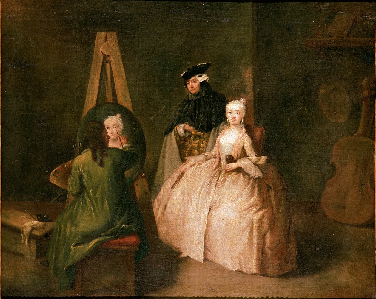 Malerens atelier Maleren foran staffeliet hans portretterer en ung kvinne. Maleri av Pietro Longhi (1702-1785) 1740-1745 Søn. 44x53 cm Venezia, Ca 