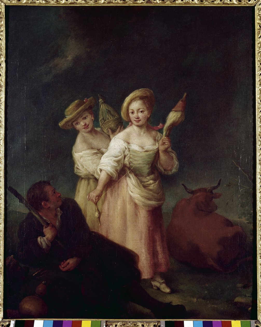 Spinnerne (The filatrici) - Maleri av Pietro Longhi (1702-1785), olje på lerret, 60x49 cm, ca 1760. Venezia, Querini Stampalia Foundation. av Pietro Longhi