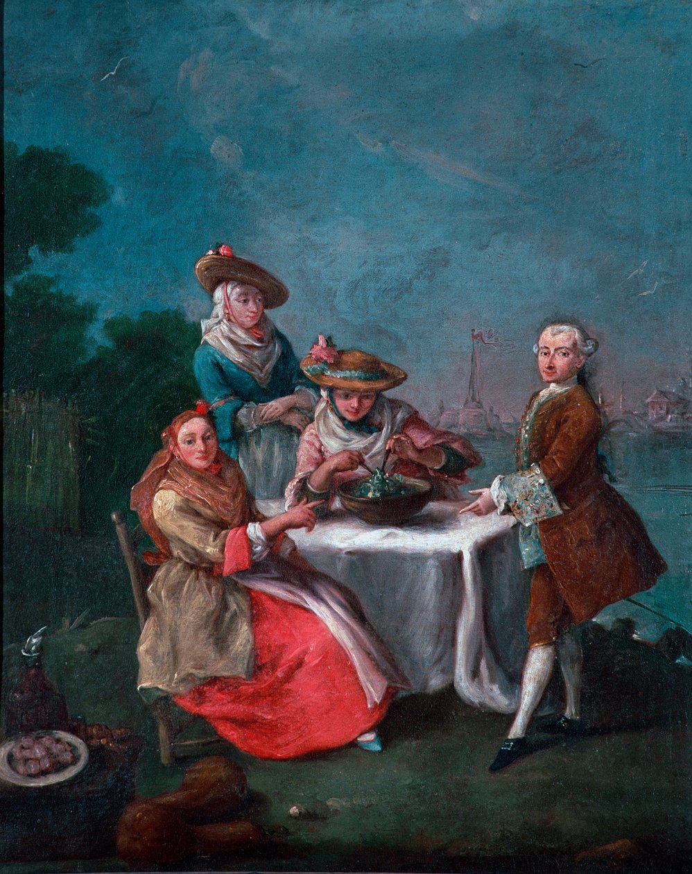 For å smake på den i hagen til den venetianske elvemunningen i Cartosa eller Vignole To kvinner i reisedresser, krydret en av dem salaten. Maleri av Pietro Longhi (1702-1785) 1759 ca. Sol. 62x50 cm vene, Ca 