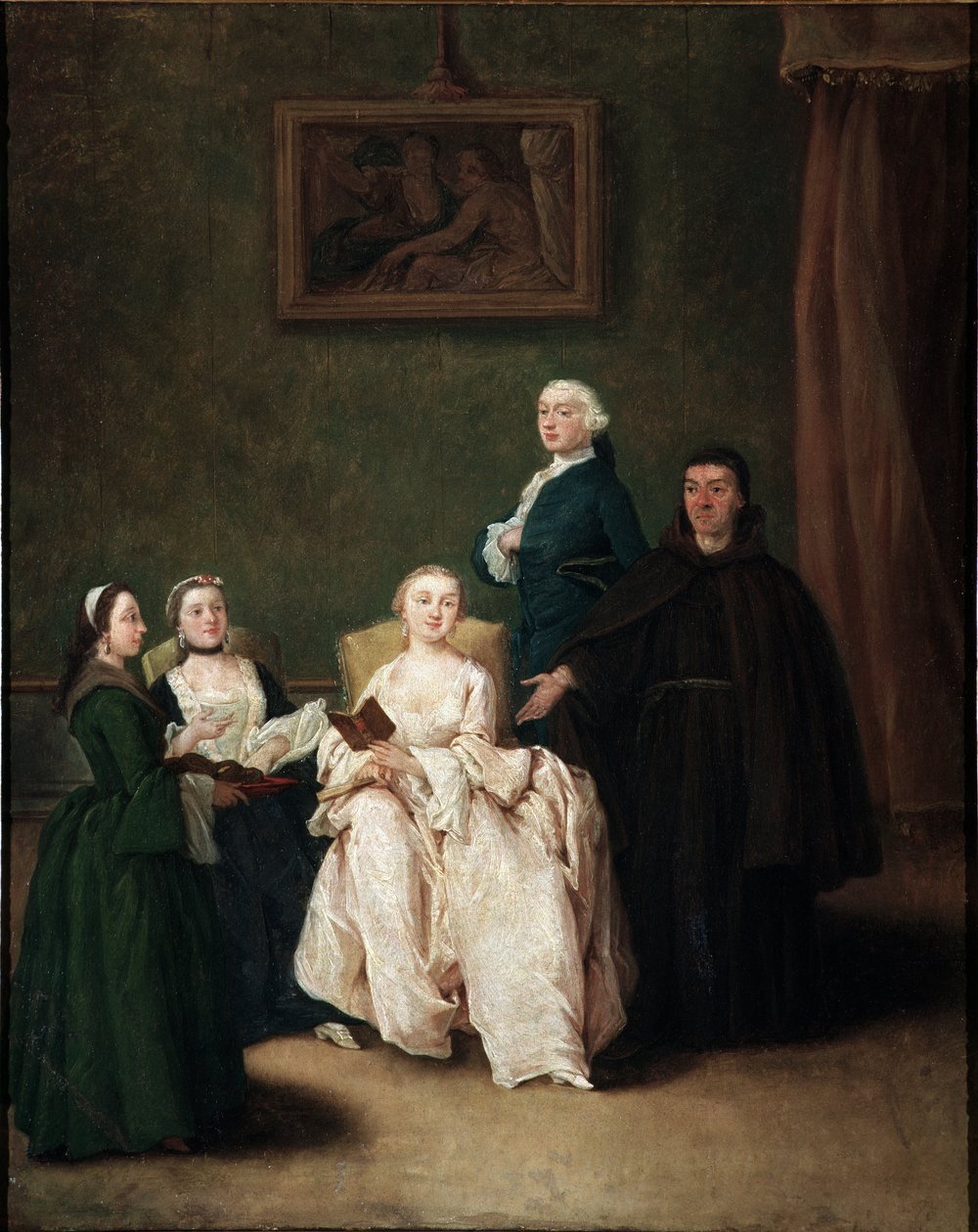 Besøk av munken til aristokratfamilien Maleri av Pietro Longhi (1702-1785) ca. 1760 Dim 62x50 cm Venezia, Ca 