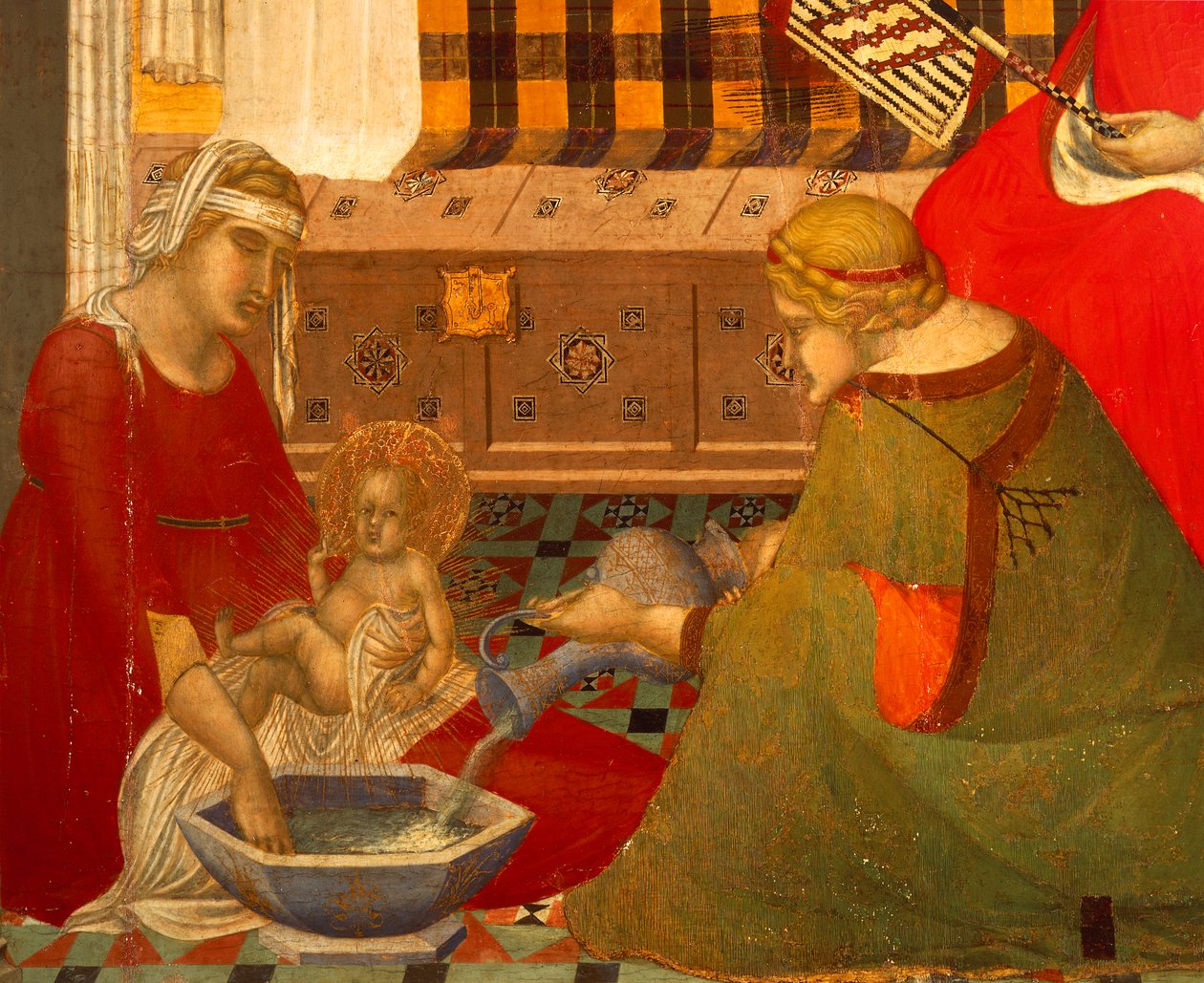 Jomfruens fødsel, detalj fra Triptych of Virgins fødsel av Pietro Lorenzetti (ca. 1280-1348), tempera på tre av Pietro Lorenzetti