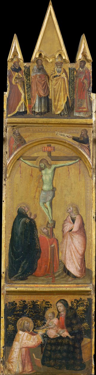 Kreuzigung, Jungfrau und Kind mit einem Diakon av Pietro Lorenzetti