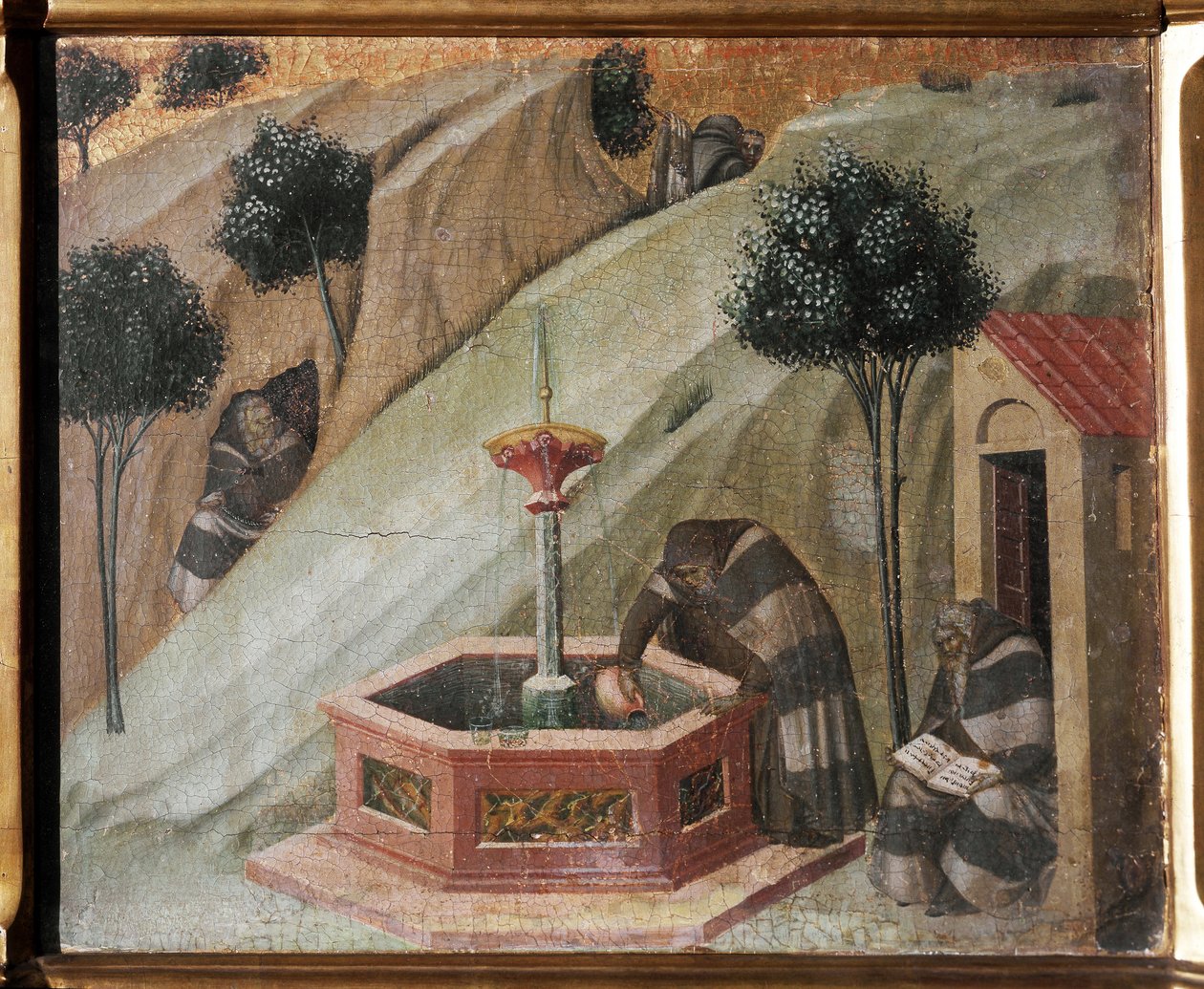 Detalj av altertavlen til Karmel: en eremitt med Elias-fontenen - Fresco av Pietro Lorenzetti