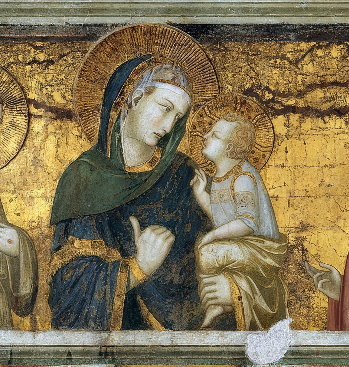 Jomfruen og barnet mellom Frans av Assisi og evangelisten Johannes. Detalj. 1315-1319 av Pietro Lorenzetti