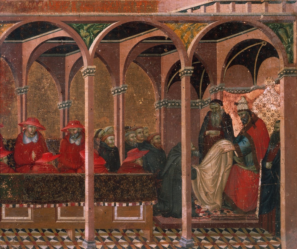 Honorius III godkjenner karmelitt-regelen, detalj fra predella av altertavle for Carmine av Pietro Lorenzetti (ca. 1280-1348), tempera og gull på trepanel av Pietro Lorenzetti