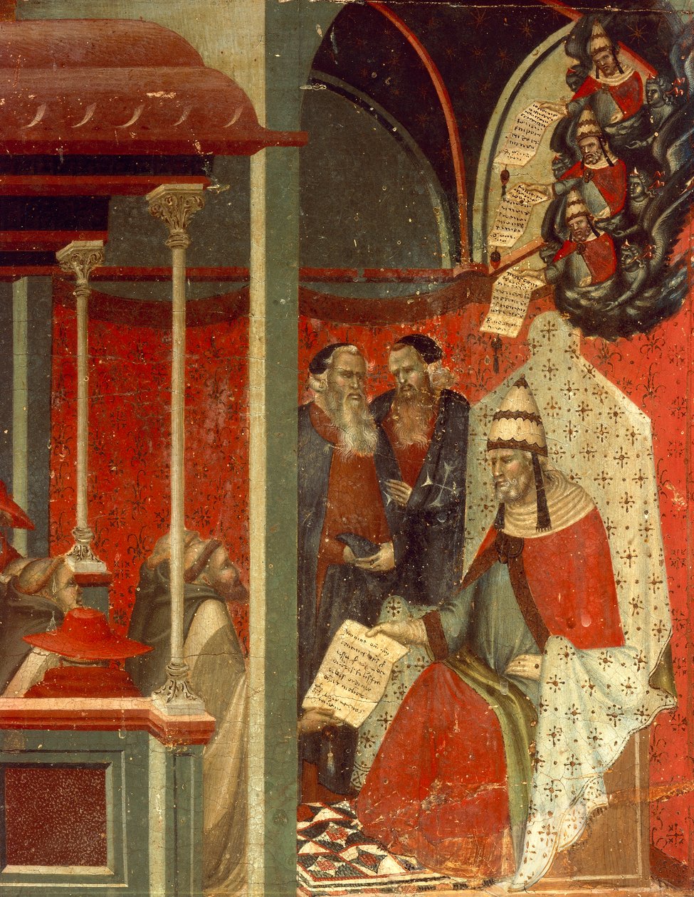 Honorius III godkjenner karmelittregelen, detalj fra predella av altertavle for Carmine, av Pietro Lorenzetti (ca 1280-1348), tempera og gull på trepanel av Pietro Lorenzetti