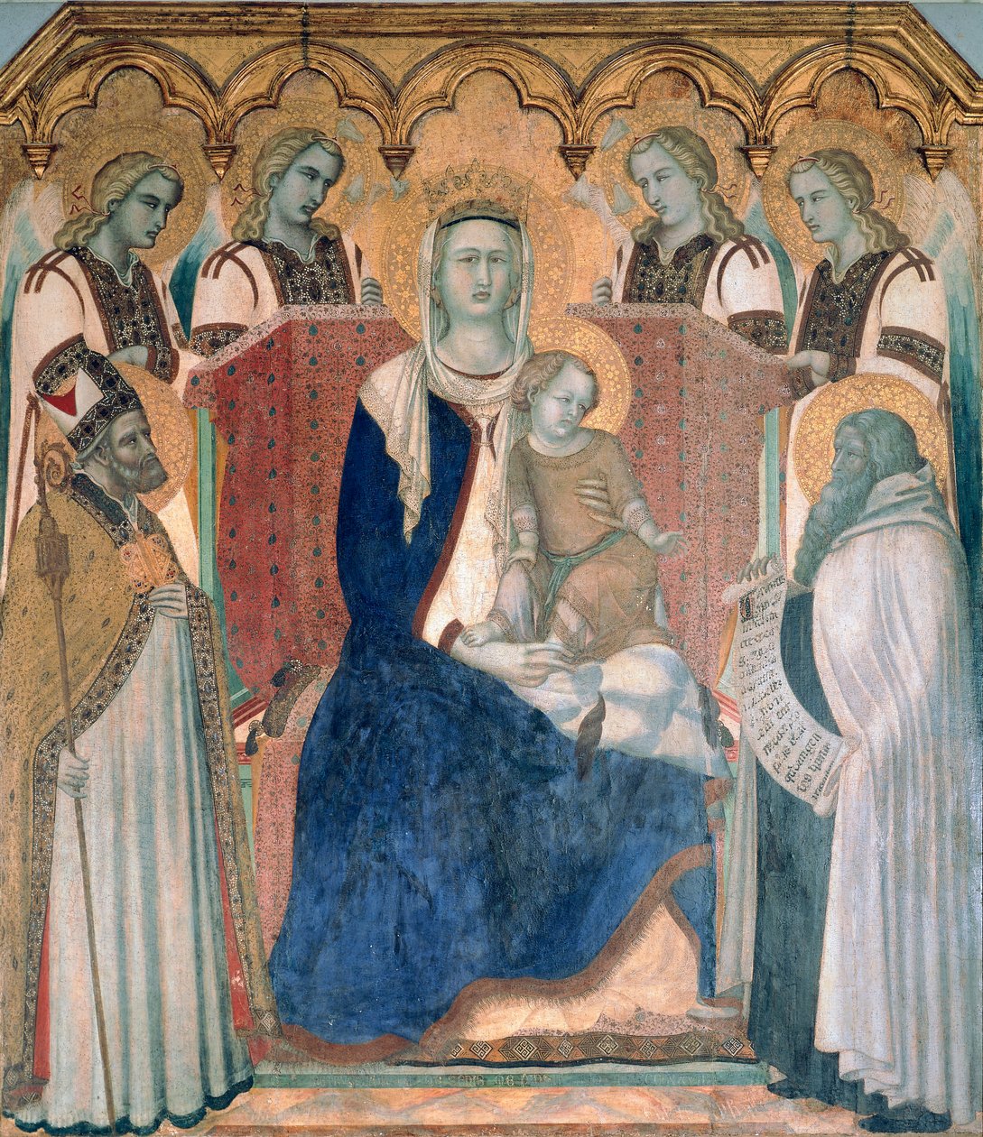 Madonna og barn, hellige og engler av Pietro Lorenzetti (cirka 1280-1348), tempera på tre av Pietro Lorenzetti