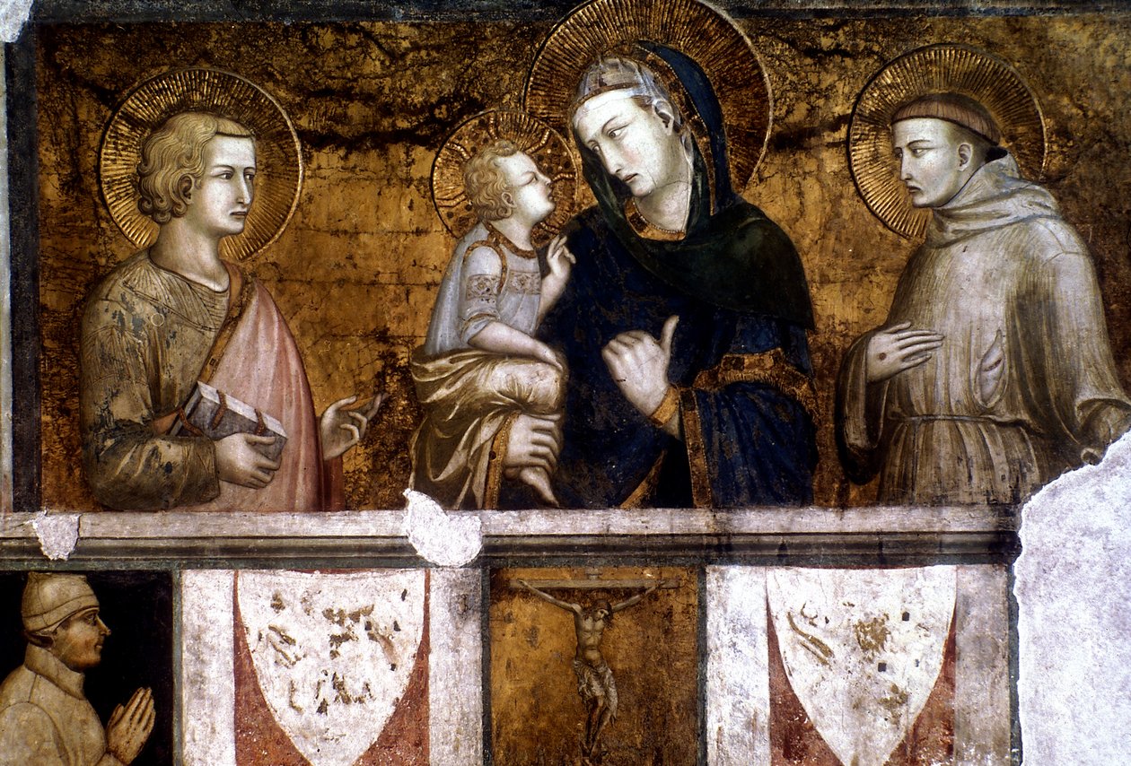 Madonna og barn mellom St Francis og St John the Evangelist, c1320s av Pietro Lorenzetti