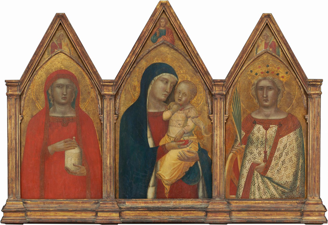 Madonna og barnet med Kristi velsignelse, og de hellige Maria Magdalena og Katarina av Alexandria med engler [hele triptyken] av Pietro Lorenzetti