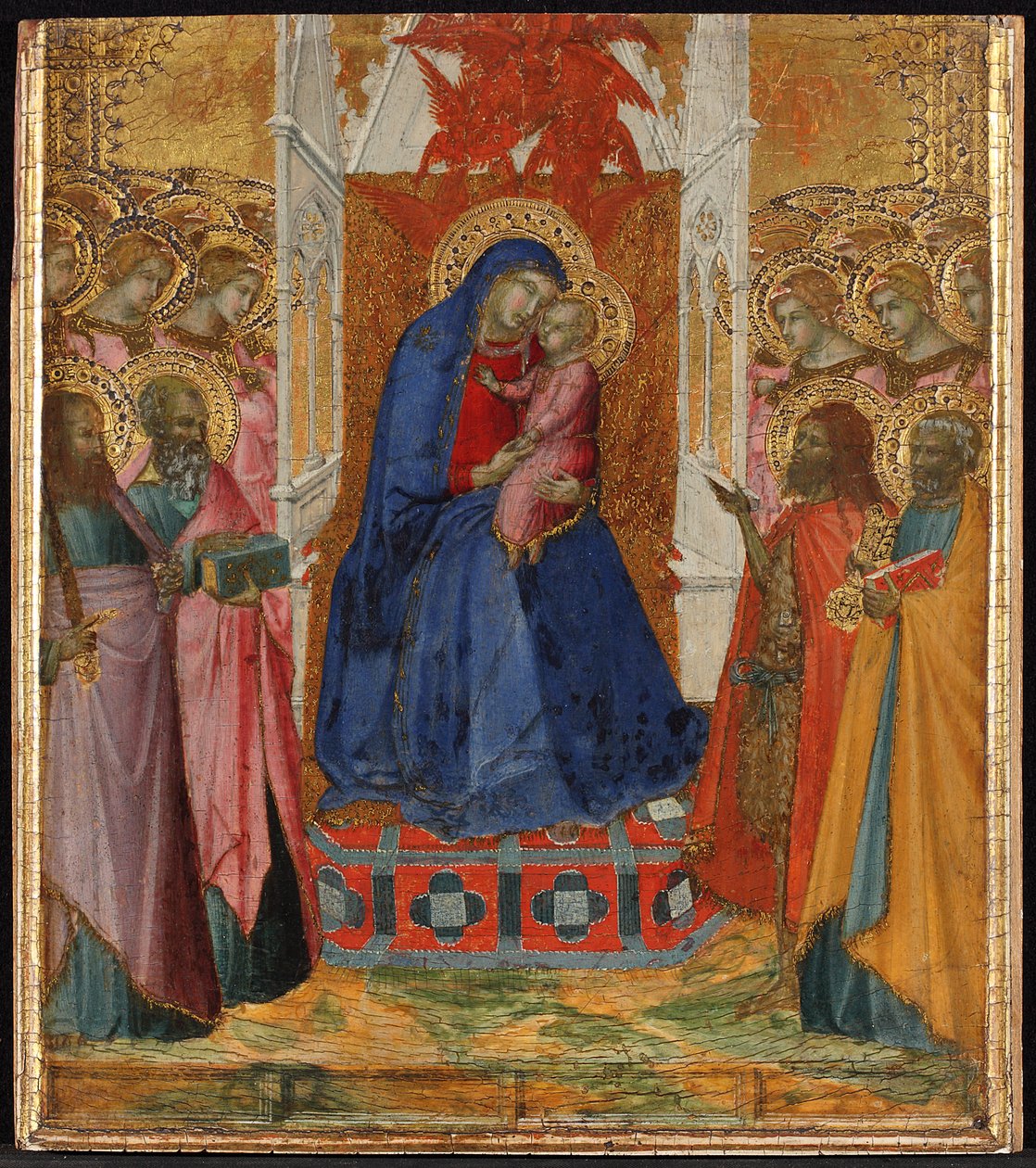 Maria auf dem Thron mit dem Kind, anbetende Engel und Heilige Paulus, Johannes der Evangelist, Johannes der Täufer und Petrus av Pietro Lorenzetti