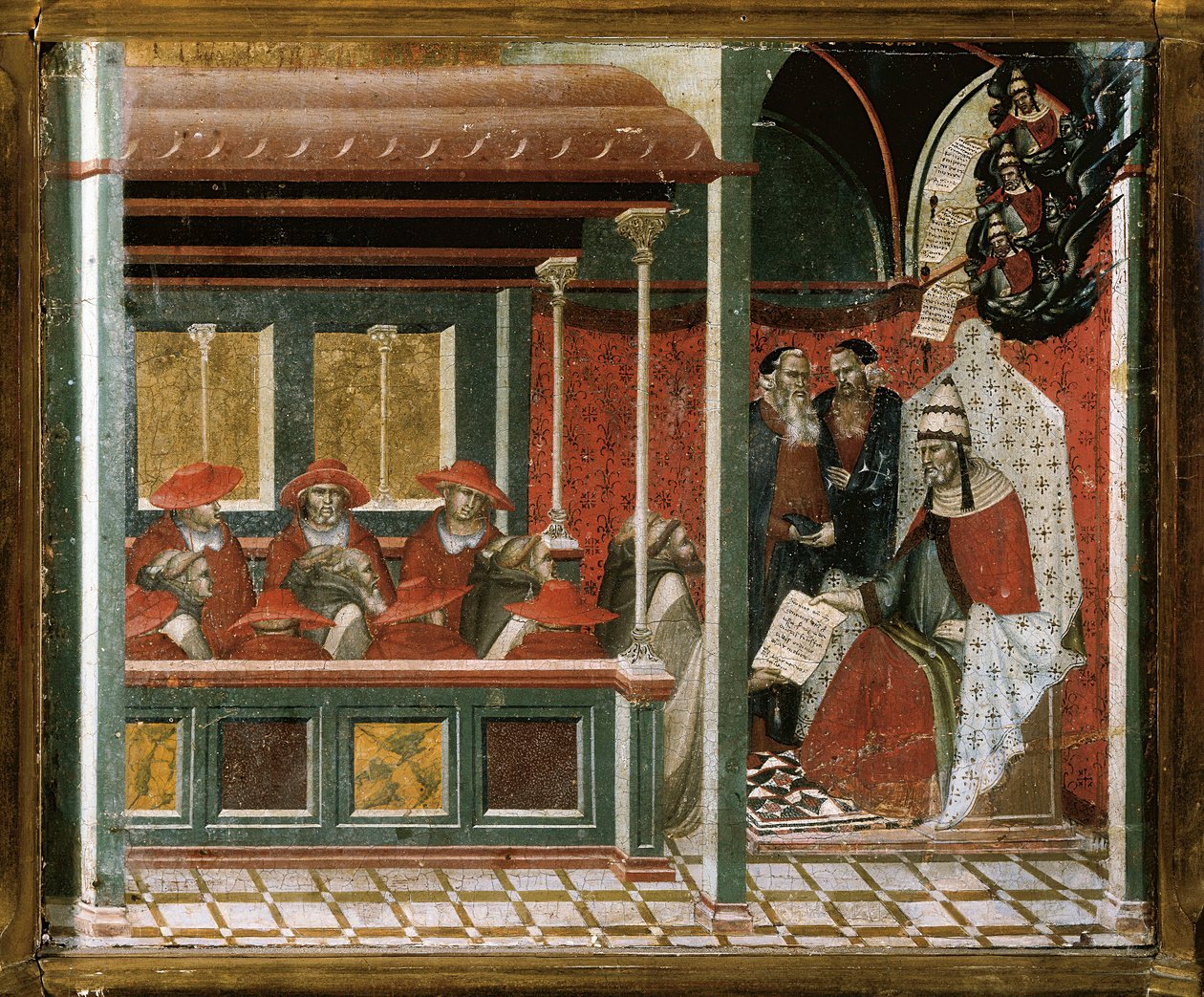 Pave Honorius III godkjenner karmelittregelen, detalj (tempera og gull på tre) av Pietro Lorenzetti