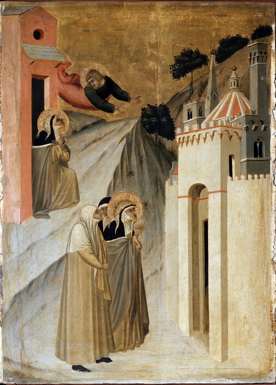 Saint Humility ankommer Firenze (detalj av polyptyk-livet til Saint Humility) - Detrempe på tre av Pietro Lorenzetti