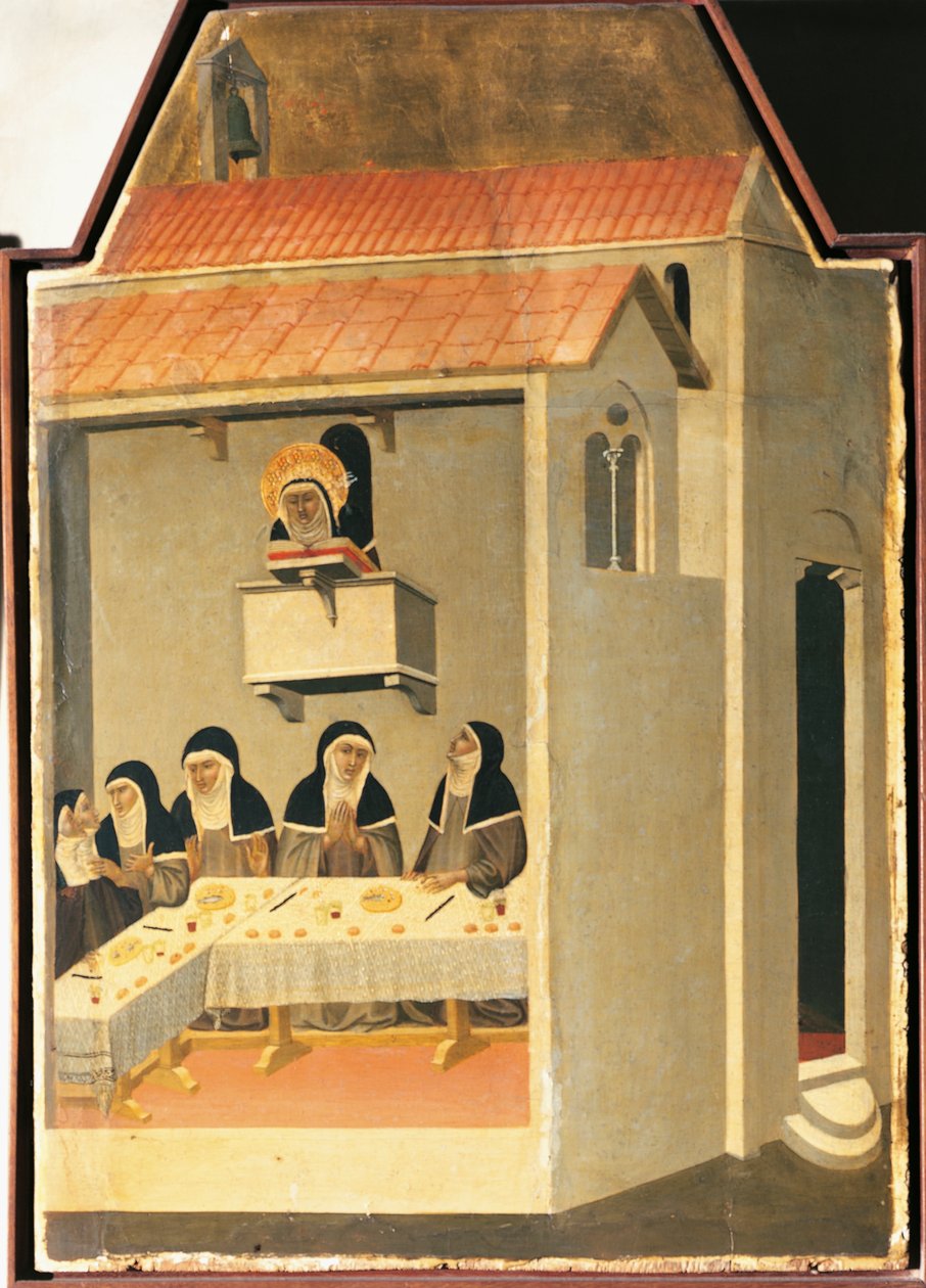 Den velsignede ydmykhet klarer mirakuløst å lese i refektoriet i Santa Perpetua, flis fra altertavle av velsignet ydmykhet av Pietro Lorenzetti (ca 1280-1348), tempera og gull på tre av Pietro Lorenzetti
