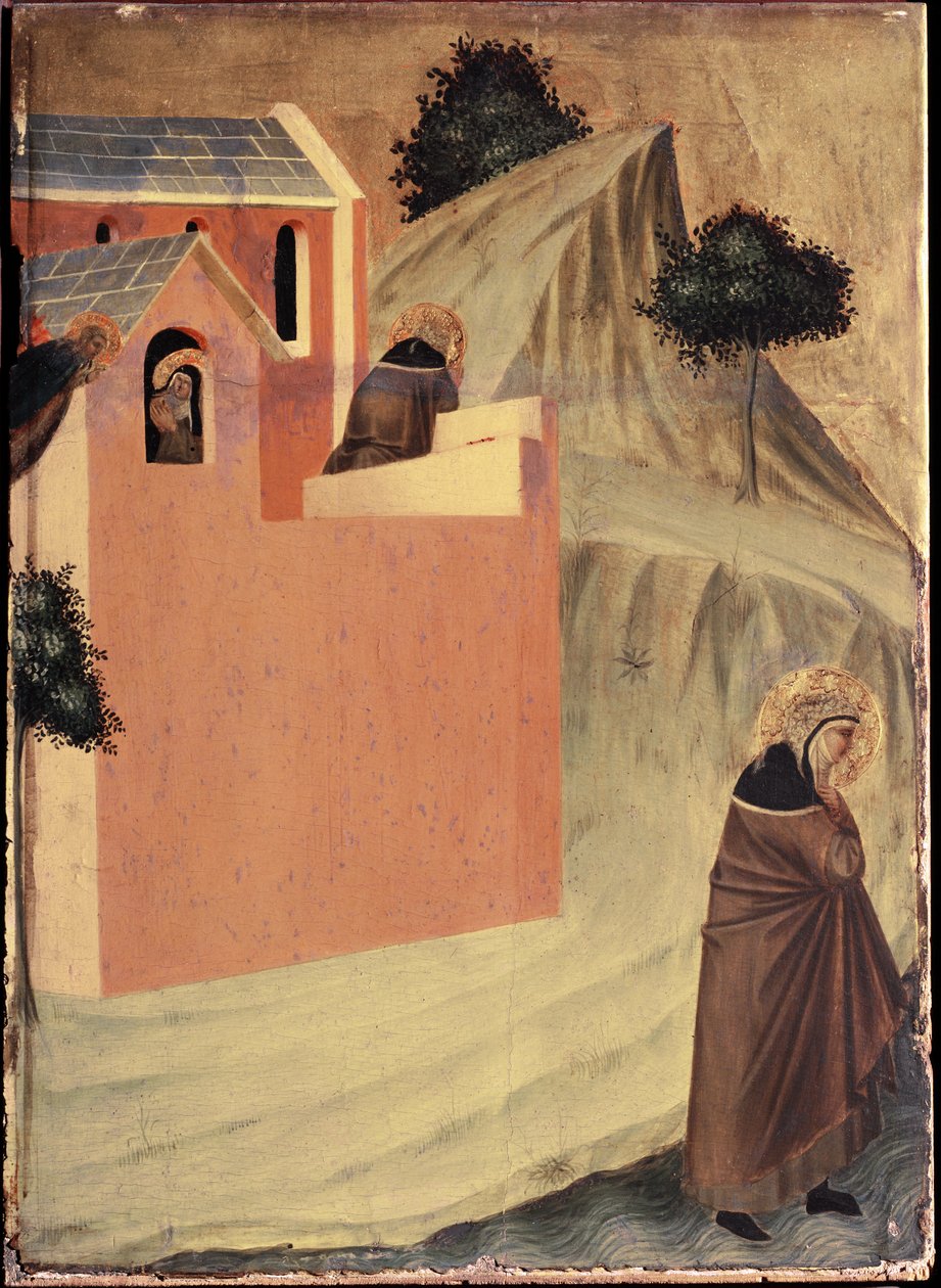 Den hellige forlater klosteret St. Perpetua og krysser elven Lamone (polytyk om Saint Ydmykhetens liv) - Detrempe på tre 1300-tallet av Pietro Lorenzetti