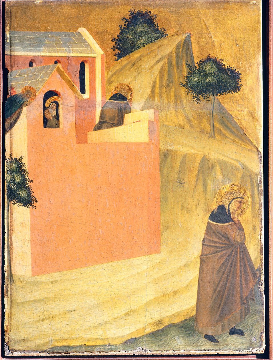 Den velsignede rømmer fra klosteret og krysser elven Lamone, flis på altertavlen til den salige ydmykhet, av Pietro Lorenzetti (ca 1280-1348), tempera og gull på trepanel. av Pietro Lorenzetti