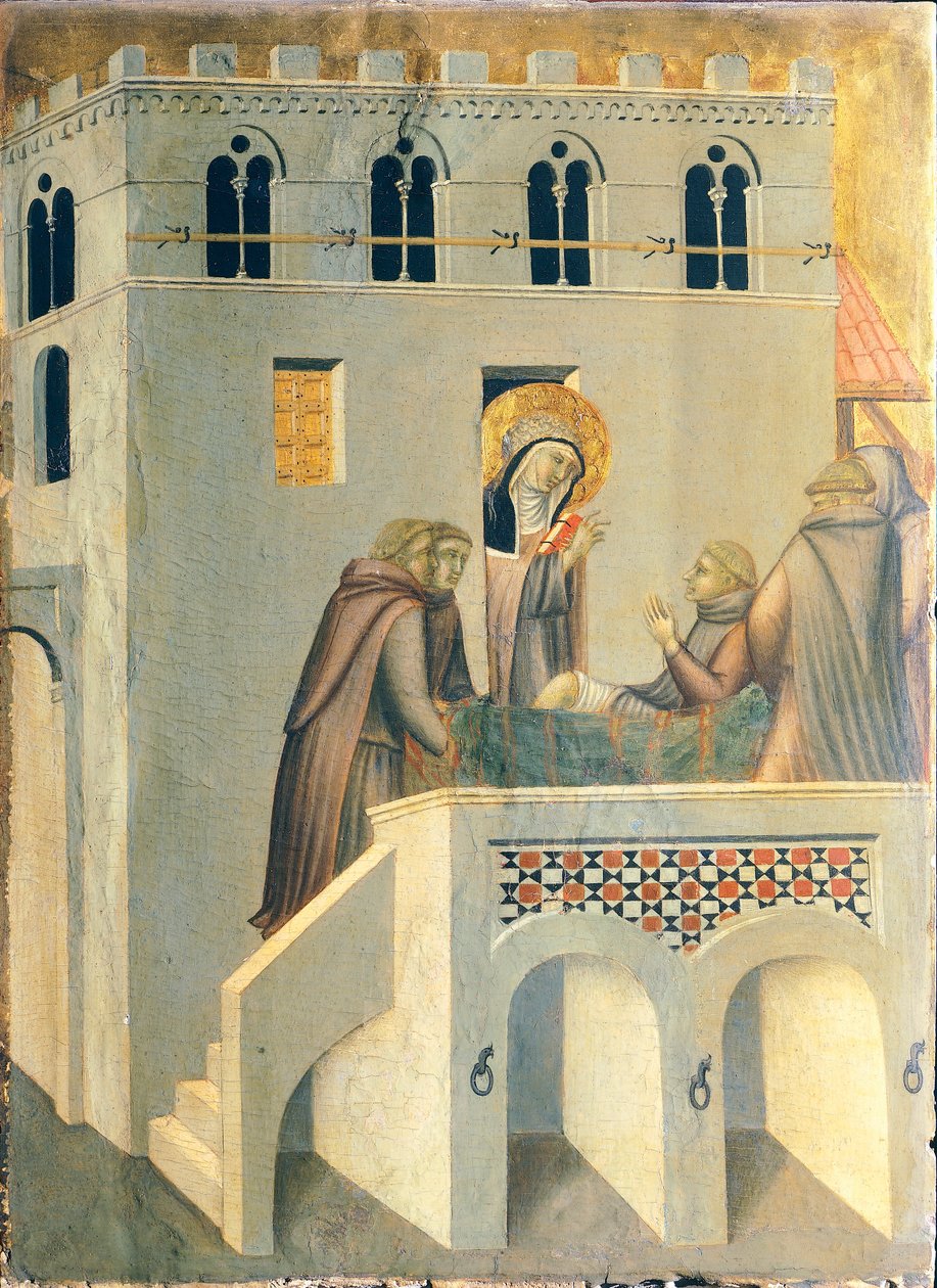 Den velsignede helbreder foten til en munk fra Vallombrosa Abbey, flis fra altertavlen til den velsignede ydmykhet, av Pietro Lorenzetti (ca 1280-1348), tempera og gull på trepanel. av Pietro Lorenzetti