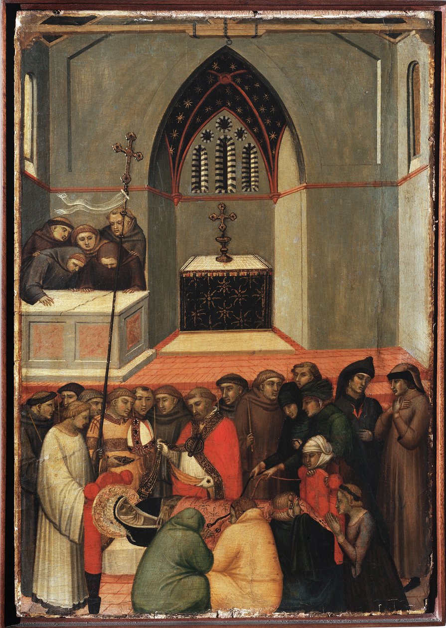 Den oppgravde kroppen til St. Humility er uberørt (polytych of the life of Saint Humility) - Detrempe på tre 1300-tallet av Pietro Lorenzetti
