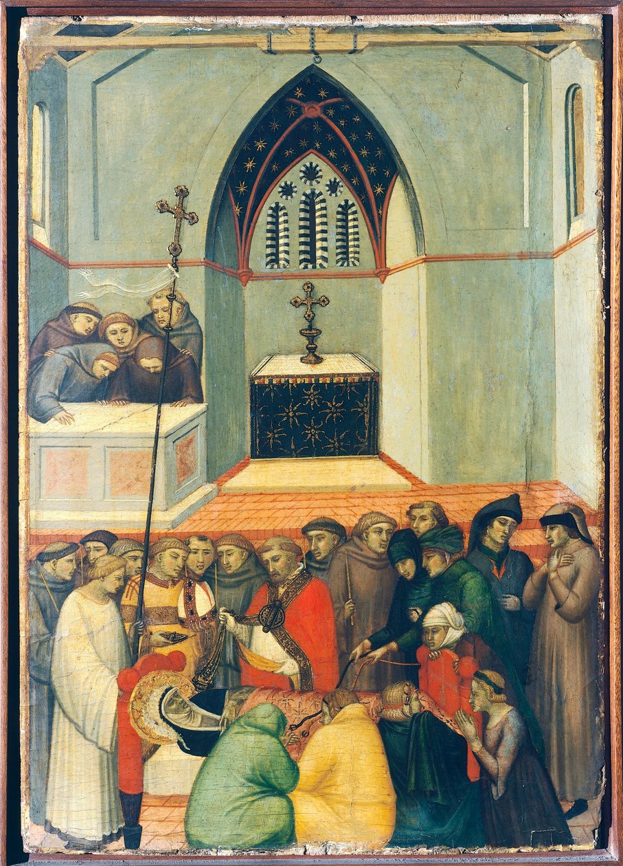 Den oppgravde kroppen til den velsignede er funnet intakt og frisk, flis på altertavle av den velsignede ydmykhet, av Pietro Lorenzetti (ca 1280-1348), tempera og gull på trepanel. av Pietro Lorenzetti