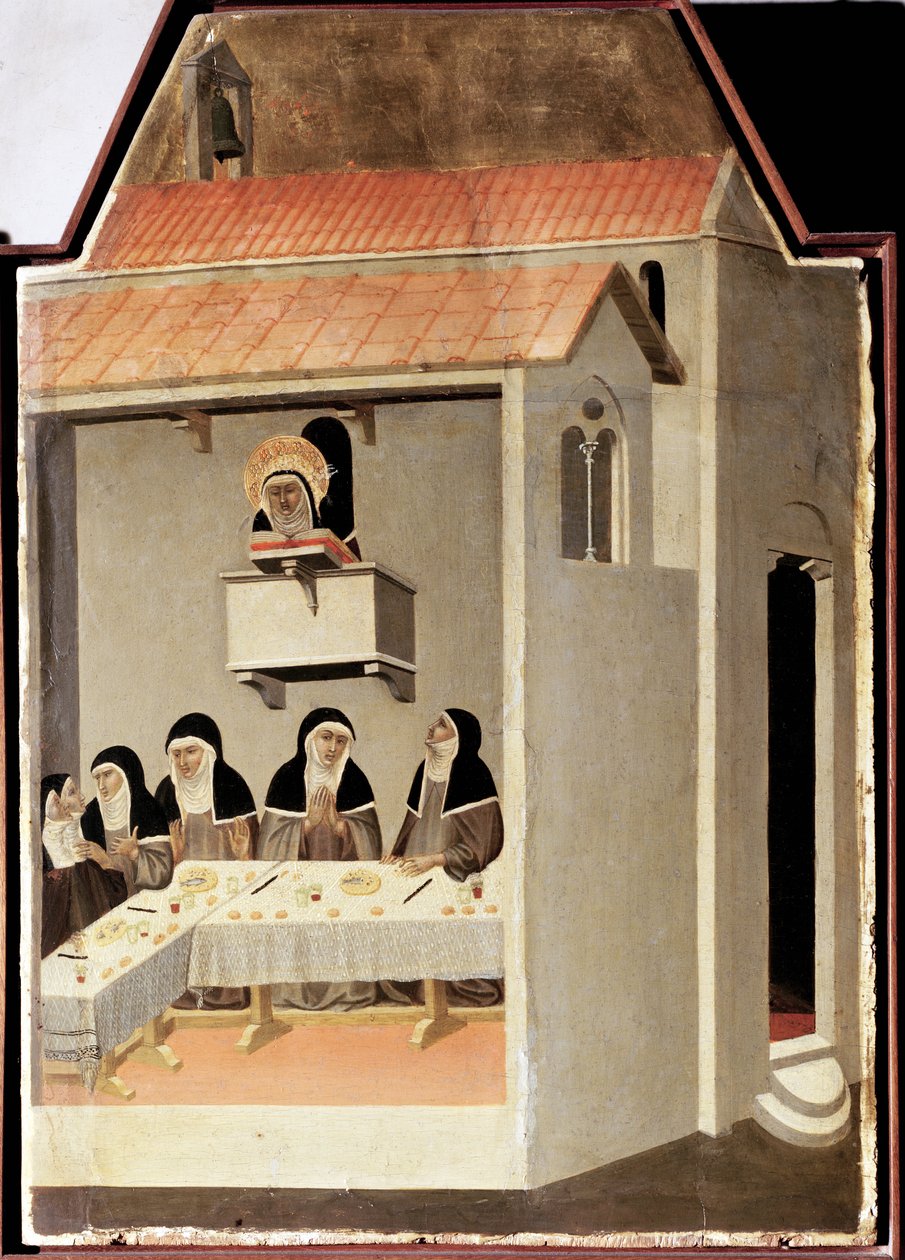 Den analfabeter helgen leser mirakuløst (Polyptyk av livet til Saint Ydmykhet) - Detrempe på tre 1300-tallet av Pietro Lorenzetti