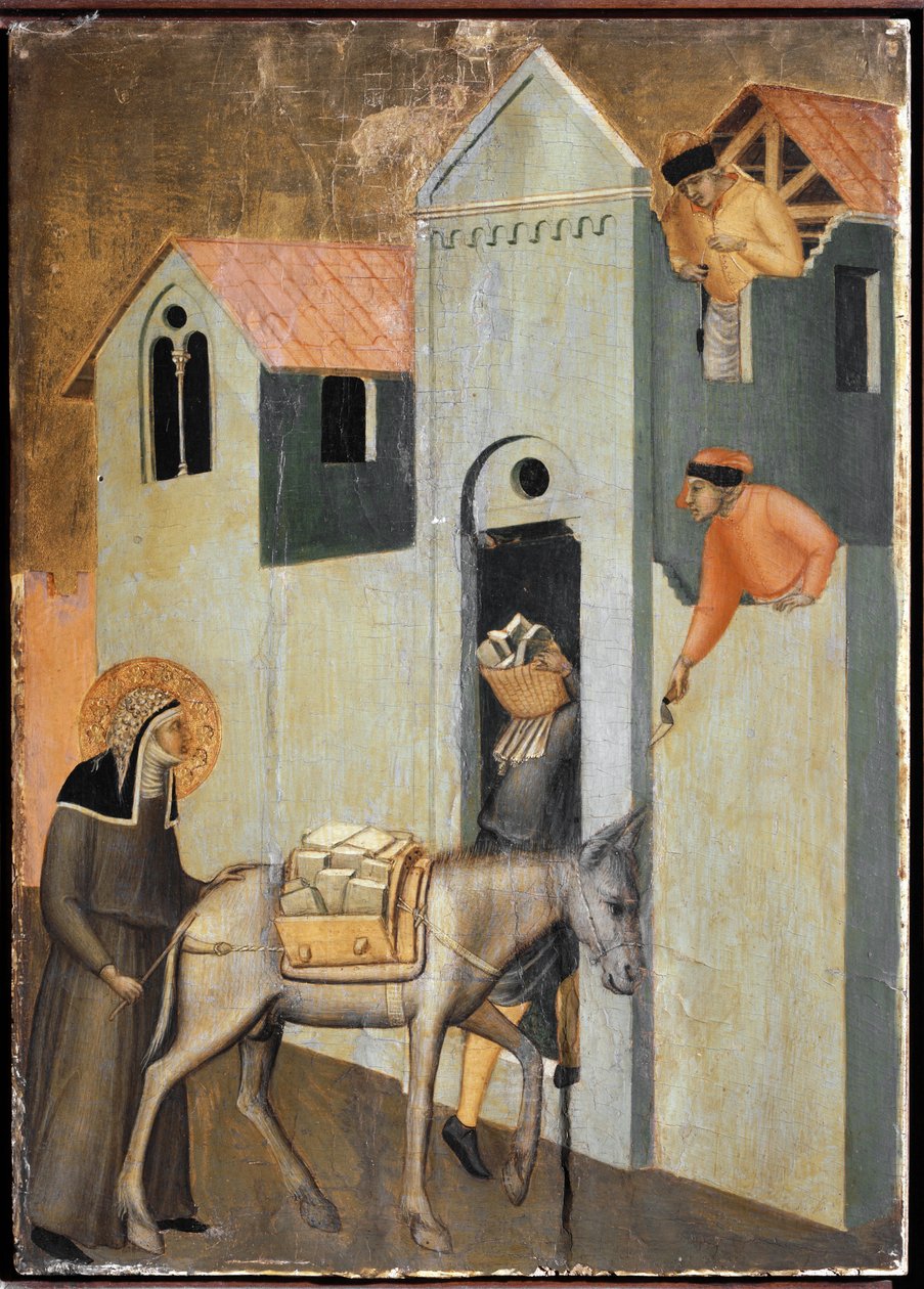 Helgenen tar med murstein for å bygge et nytt kloster i Firenze (detalj av polyptyk-livet til Saint Humility) - Detrempe på tre av Pietro Lorenzetti