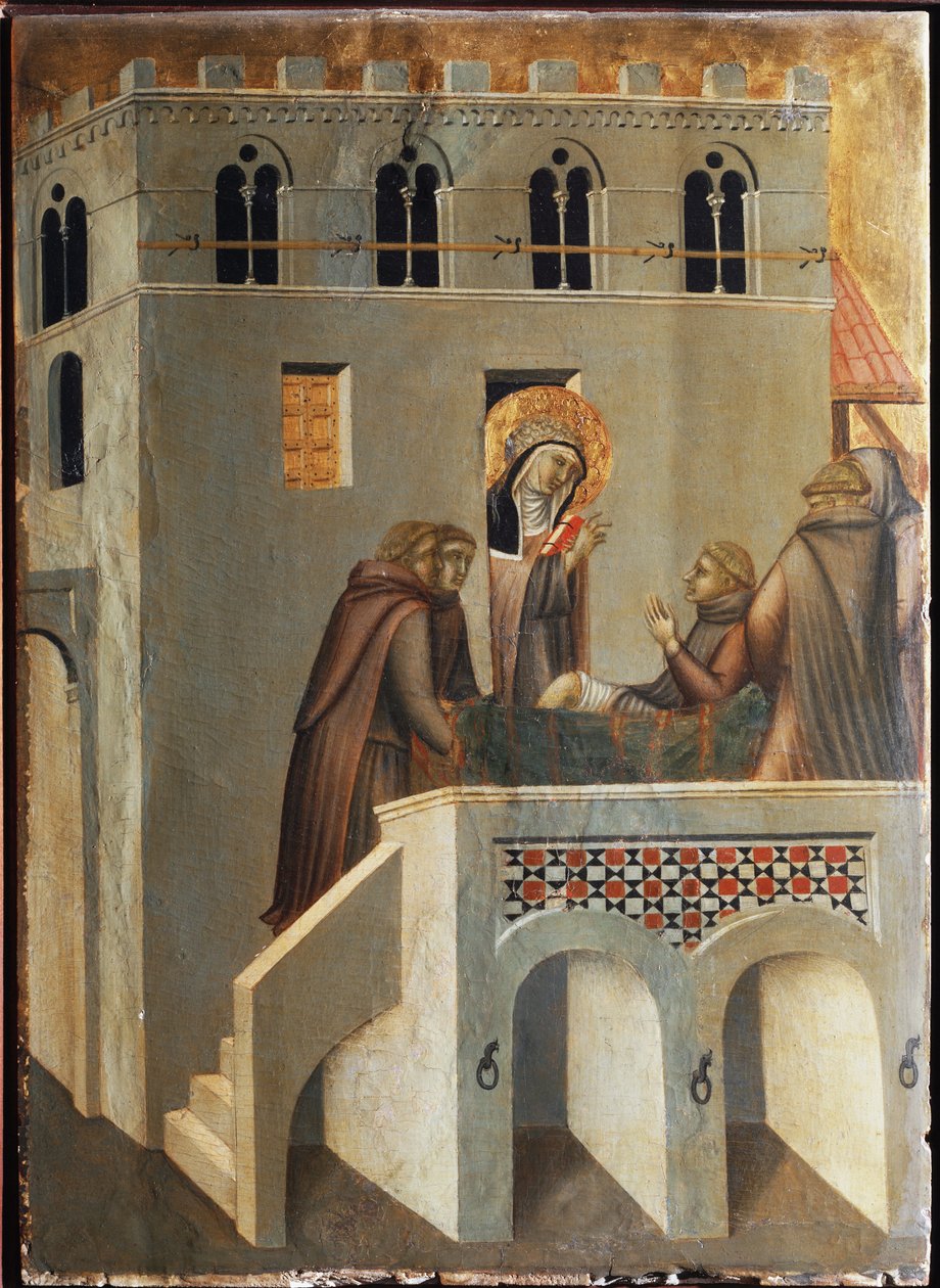 Helgenen kurerer foten til en munk (polytych of the life of Saint Humility) - Detrempe på tre 1300-tallet av Pietro Lorenzetti
