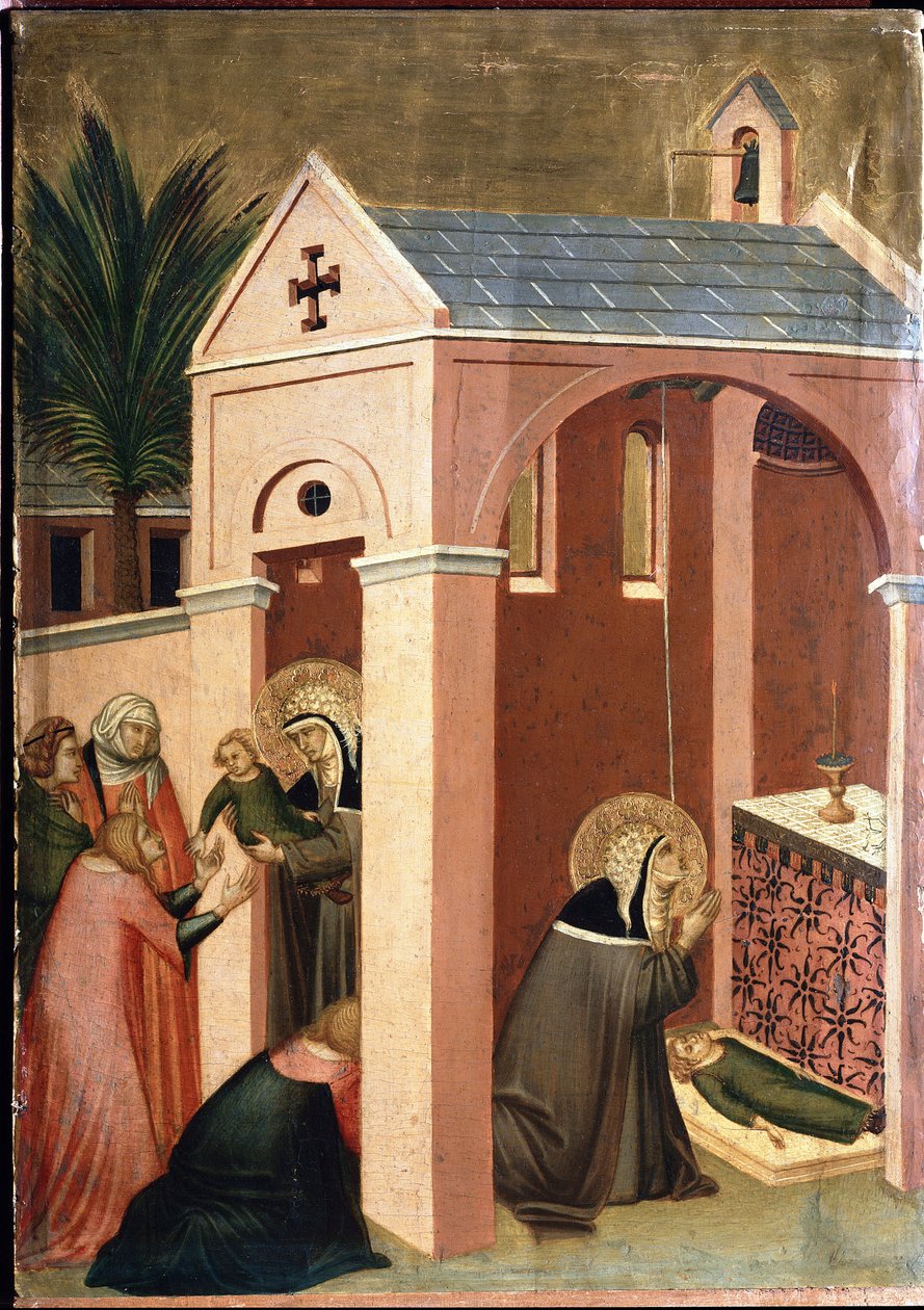 Helgenen gjenoppliver sønnen til en gentleman (polytych of the life of Saint Humility) - Detrempe på tre 1300-tallet av Pietro Lorenzetti