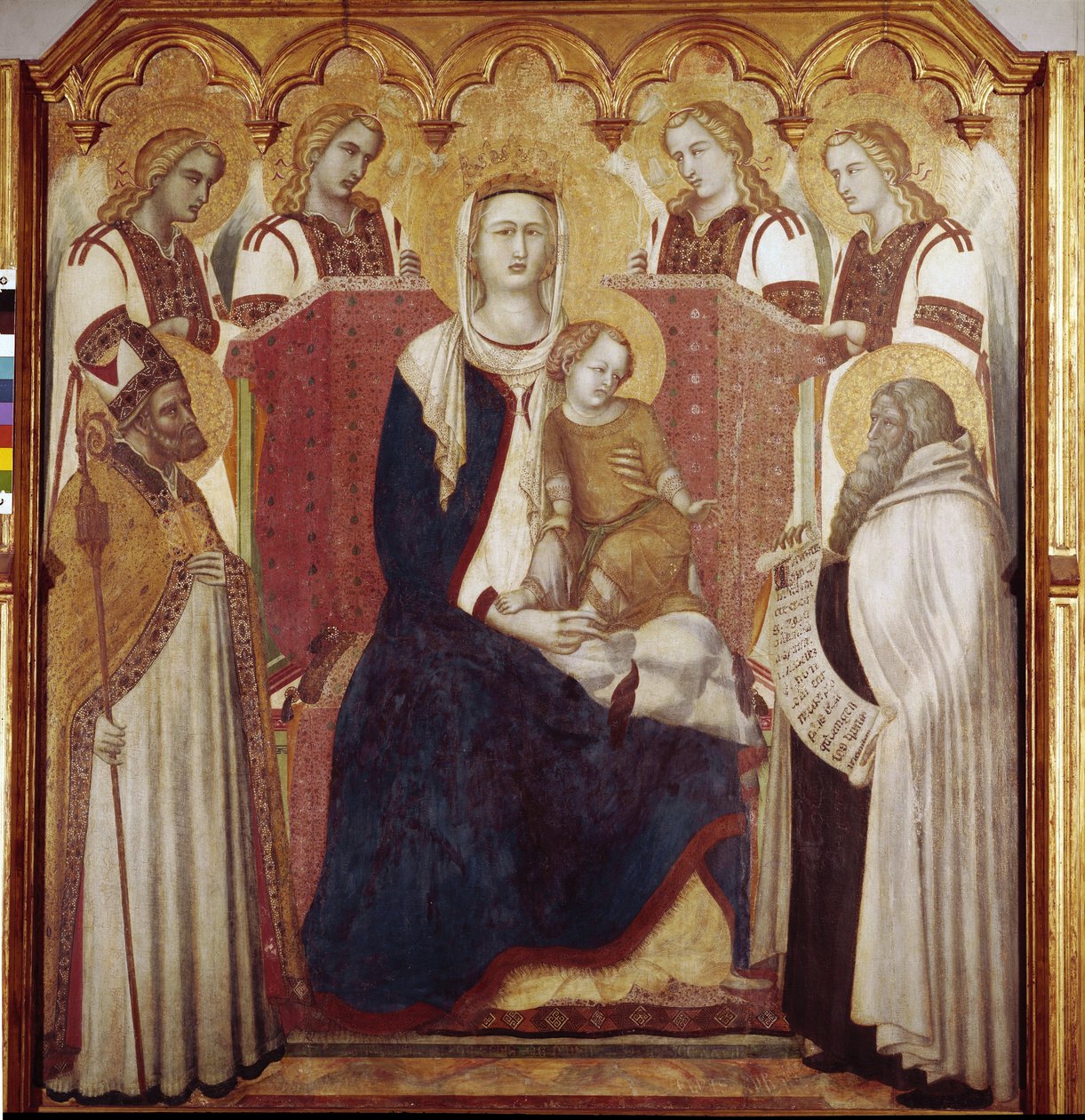 Jomfru og barn mellom St. Nicholas og St. Elias. Sentralpanel, altertavle av Carmel (Tempera på tre av Pietro Lorenzetti
