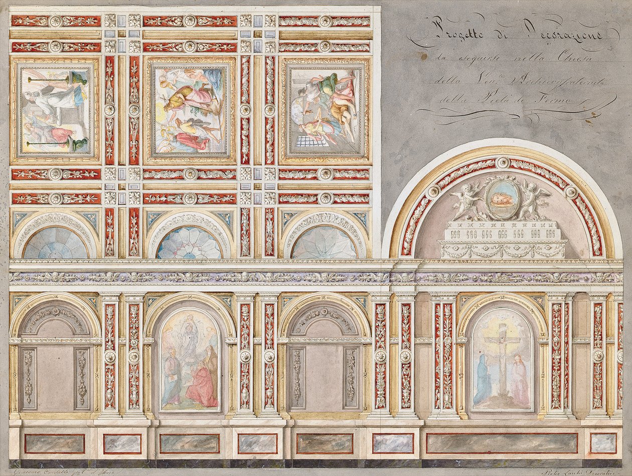 Studie av fresken av Giacomo Cordella i det indre av Chiesa della Pieta, Fermo (blyant, penn & brunt blekk & w/c på papir) av Pietro Lucchini