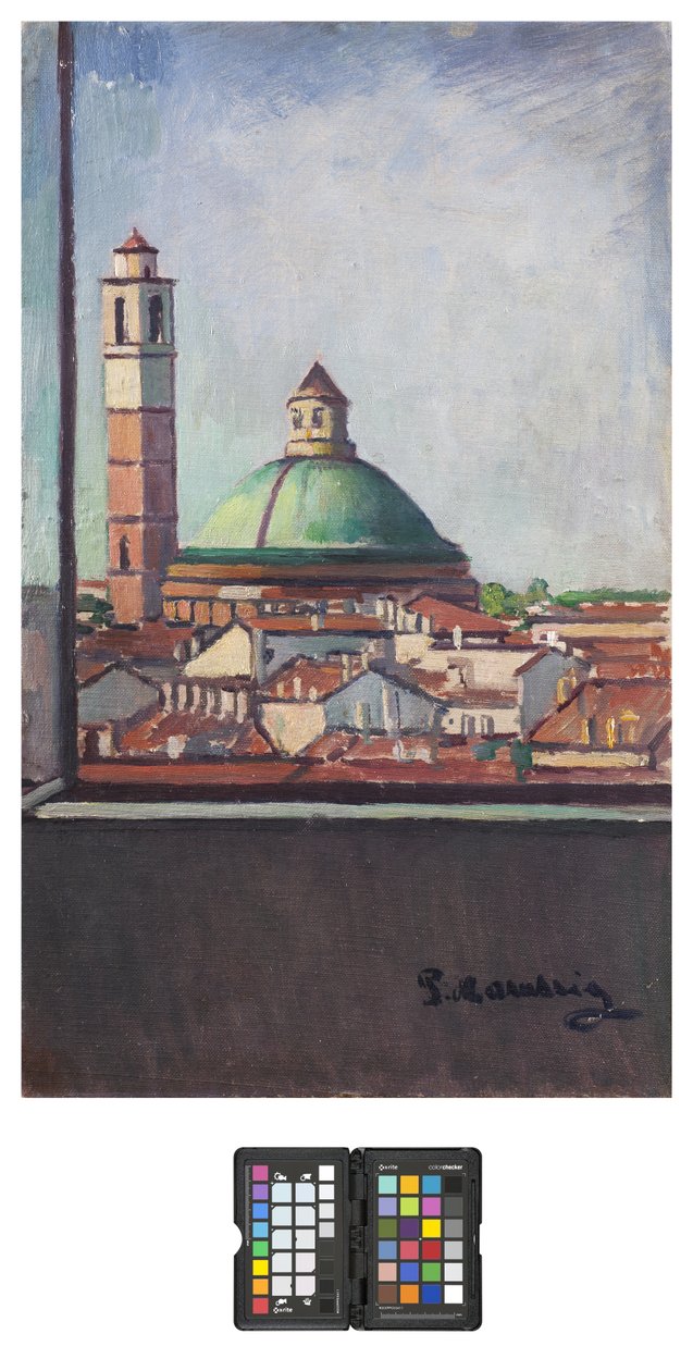 San Carlo Dome i Milano, 1928 (olje på lerretstavle) av Pietro Marussig