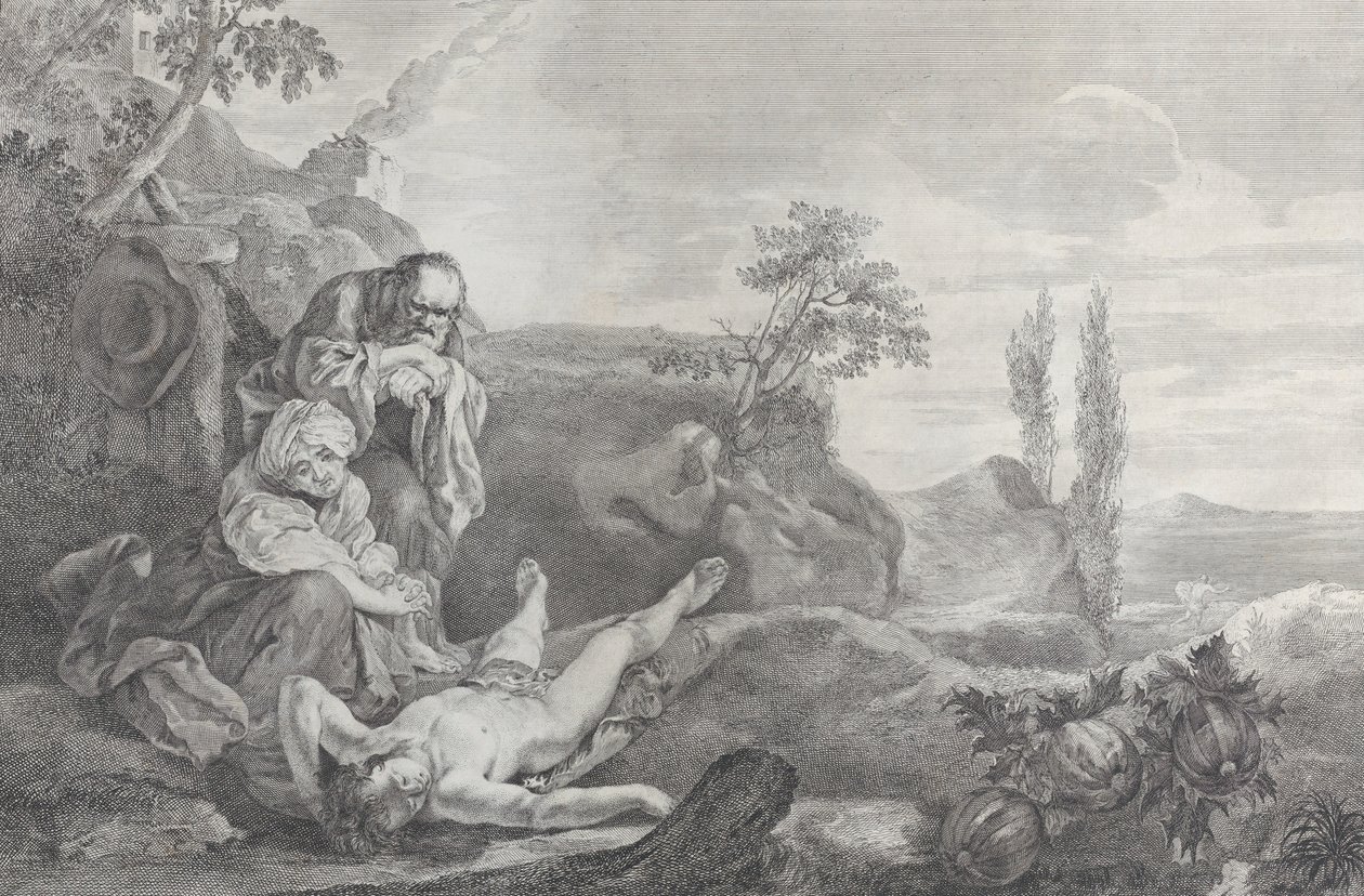 Adam og Eva til venstre, som et eldre ektepar, sørgende over liket av Abel som ligger i..., 1743-63. av Pietro Monaco