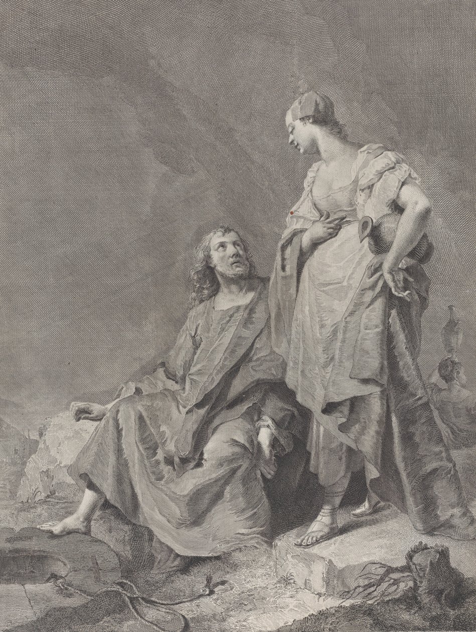 Kristus og kvinnen i Samaria ved brønnen, fra serien med 112 avtrykk av helligdommen..., 1743-63 av Pietro Monaco