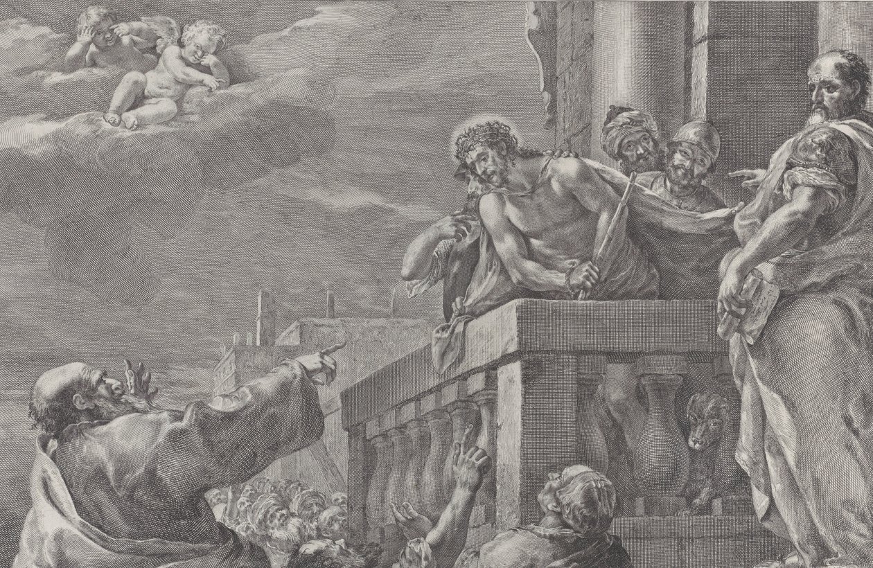 Kristus på en balkong omgitt av vakter, Pilatus står til høyre og gestikulerer..., ca. 1730-39. av Pietro Monaco