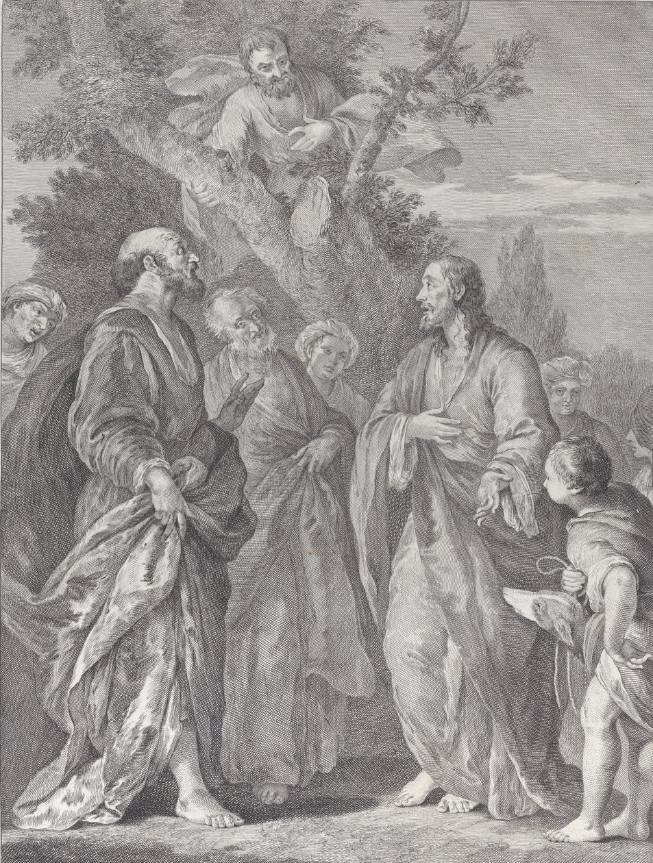 Omvendelse av Sakkeus, med Kristus til høyre henvendt til skatteoppkreveren, som har sete..., 1730-39. av Pietro Monaco