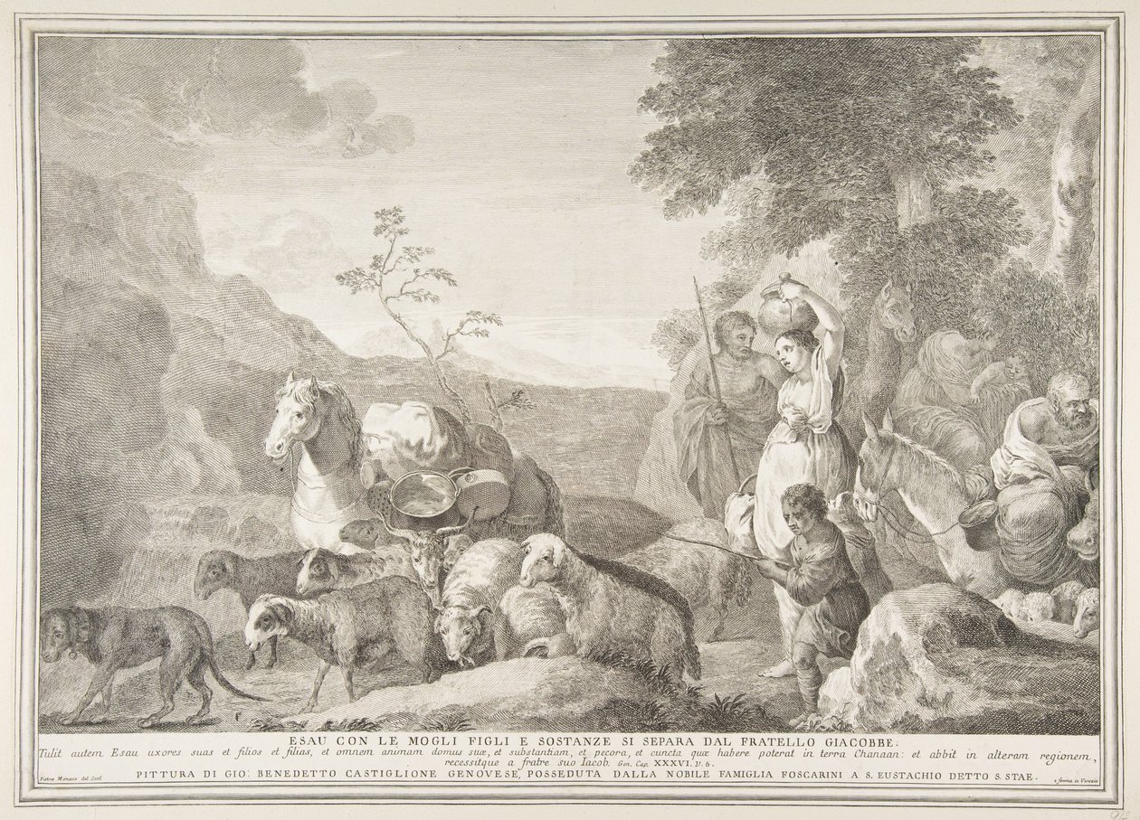 Esau og hans familie skilte lag med Jakob Esau med konene hans sønner og stoffer sepa ..., 1743-63. av Pietro Monaco