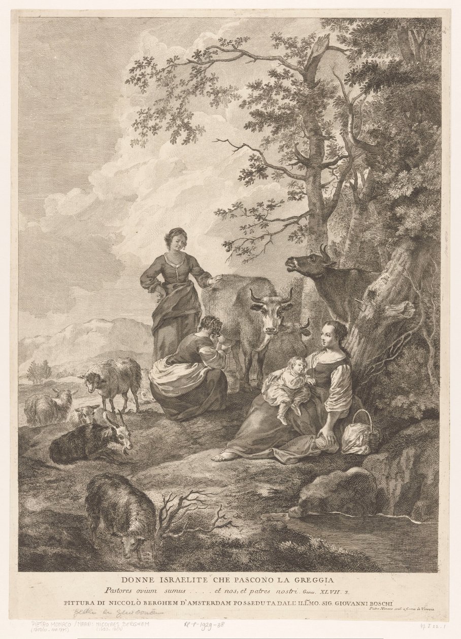 Israelittiske kvinner vokter flokken Donne Israelite che pascono la greggia (tittel på objekt) Det nye og det gamle testamente (serietittel) av Pietro Monaco