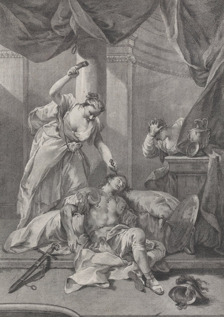 Jael hamrer en teltplugg inn i tempelet til den sovende Sisera, til høyre a se..., ca. 1730-39. av Pietro Monaco