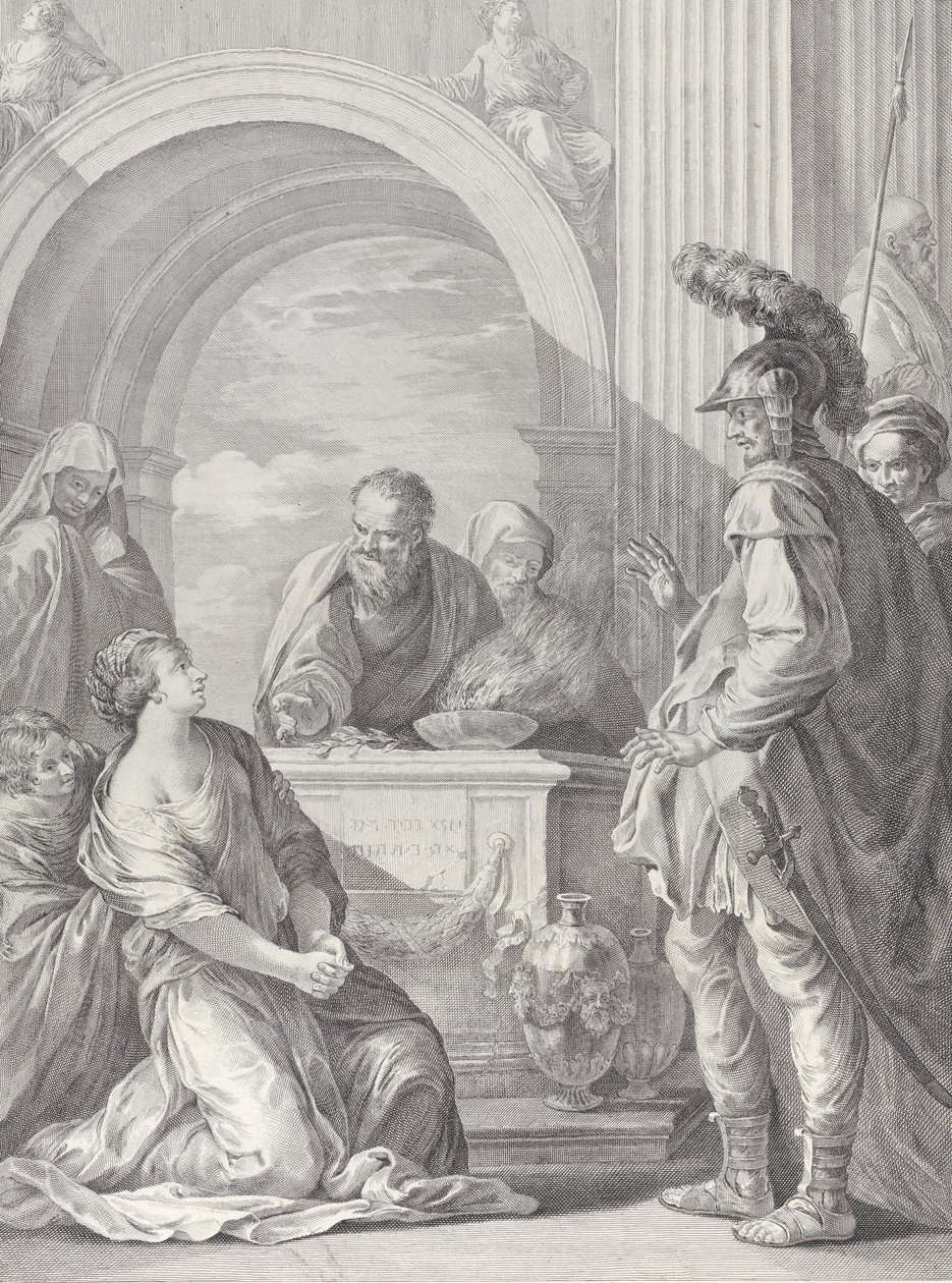 Jeftas datter kneler ved offeralteret, med faren stående på høyre..., 1730-50. av Pietro Monaco