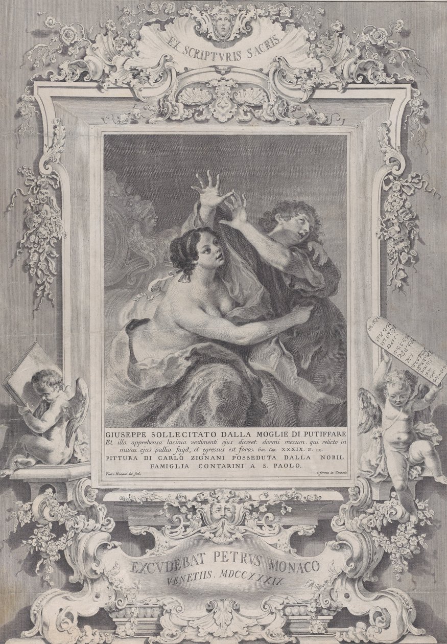 Josef og Potifars kone, innenfor en utsmykket ramme, 1739. av Pietro Monaco