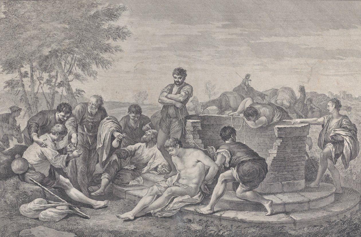 Josef ble solgt til slaveri av brødrene sine, som sitter rundt en brønn som deler opp..., 1730-39. av Pietro Monaco