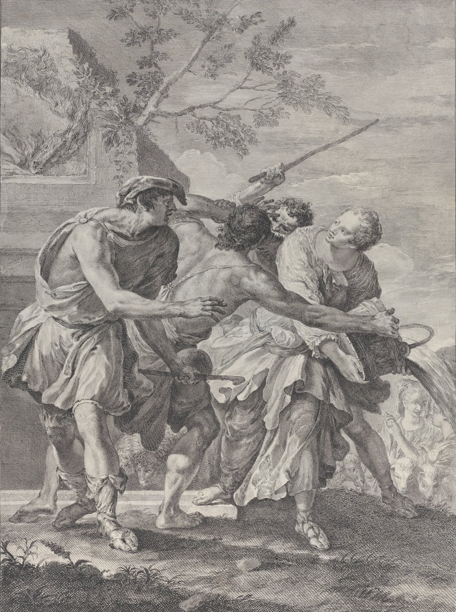 Moses forsvarte Jethros døtre, 1732-50. av Pietro Monaco