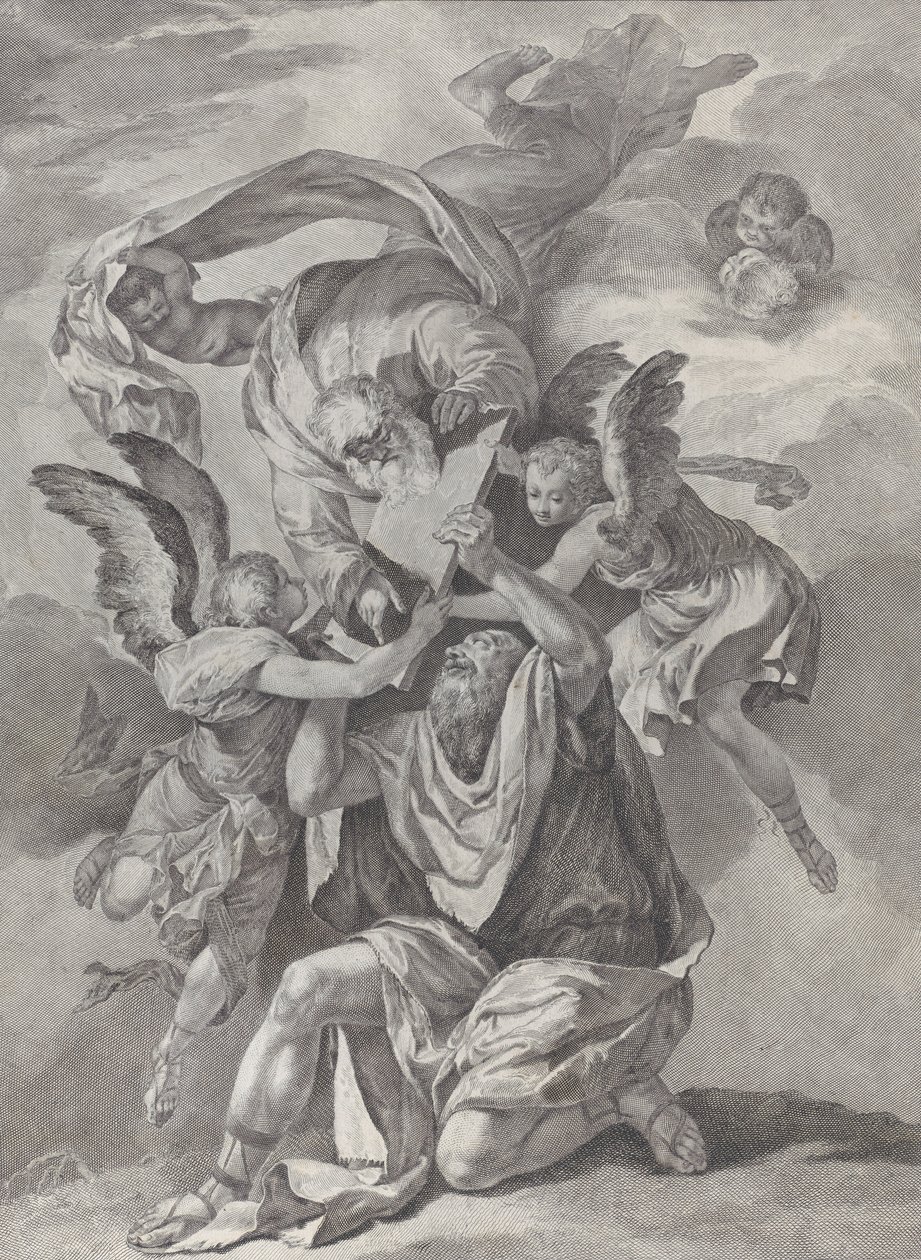 Moses mottar lovens tavler fra Gud som stiger ned fra himmelen, fra..., ca. 1730-39. av Pietro Monaco