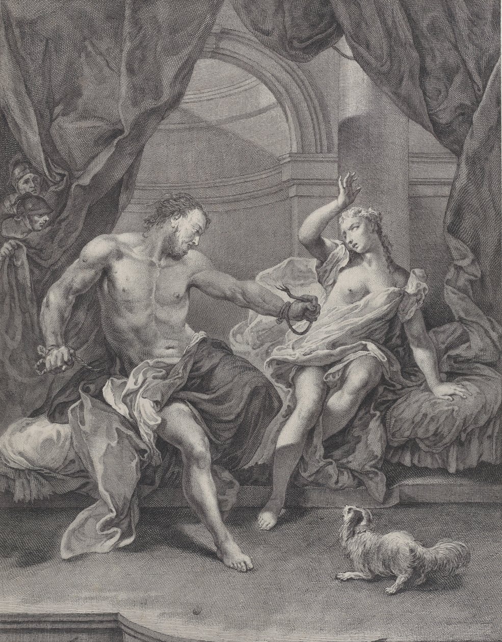 Samson og Delila satt på en seng, Samson river fra hverandre tauene som binder hånden hans..., ca. 1730-39. av Pietro Monaco