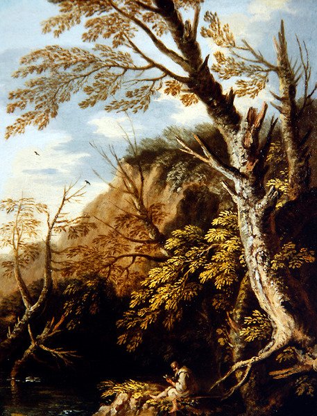 Et skogkledd landskap med en eremitt (olje på lerret) av Pietro Montanini