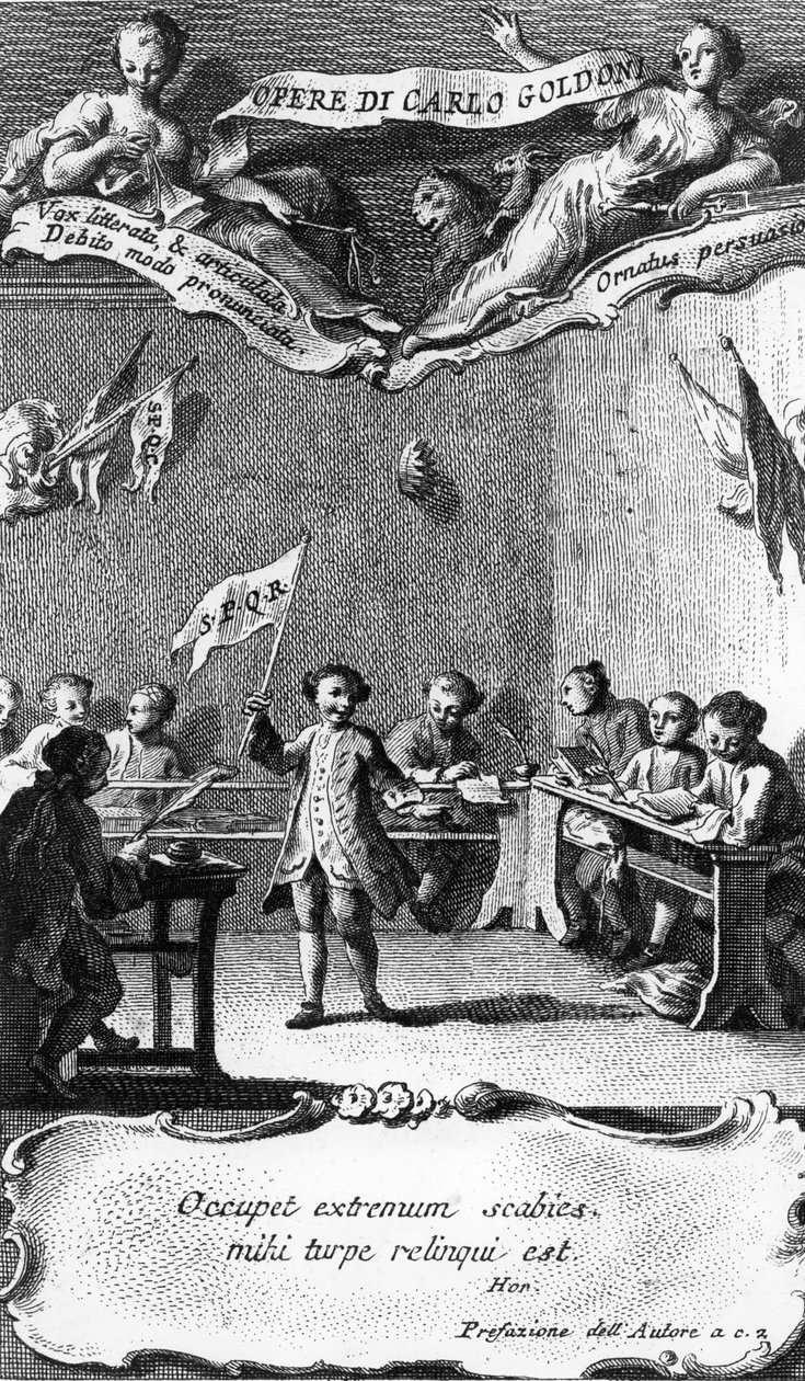 Carlo Goldoni vifter med et flagg for å feire at han har bestått året på jesuittskolen i Perugia, fra 